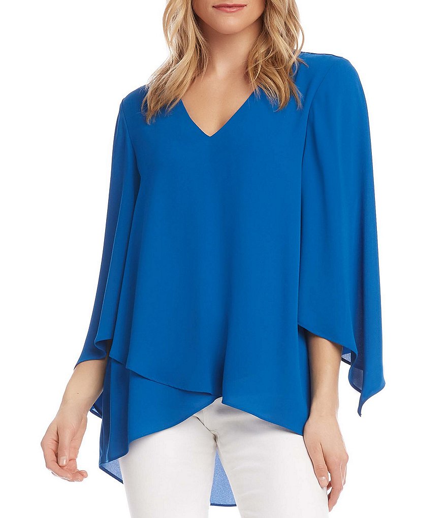Karen Kane Crossover Hem Asymmetric Angle Sleeve V-Neck Crepe Top