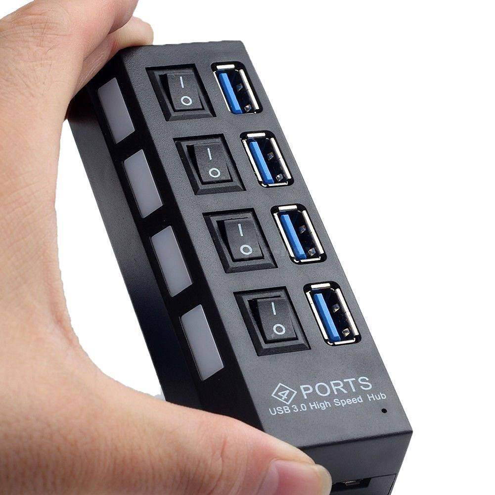 4 Port USB Hub, Portable SuperSpeed USB 3.0 Hub, Individual On/Off Switches LED, USB Extension Multi-function USB Dock Hot Swapping Support, Come with US AC Power Plug