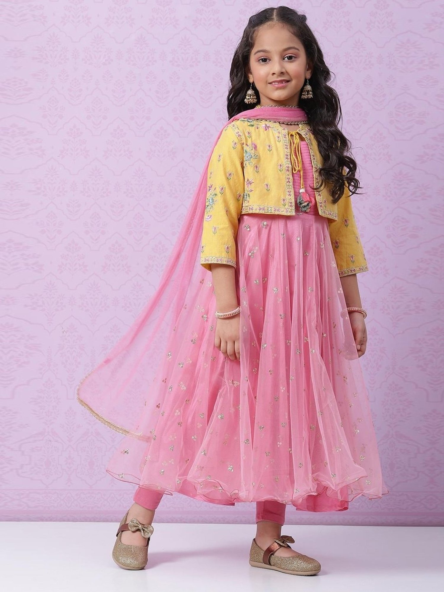 Biba Kids Yellow & Pink Embroidered Kurta Set