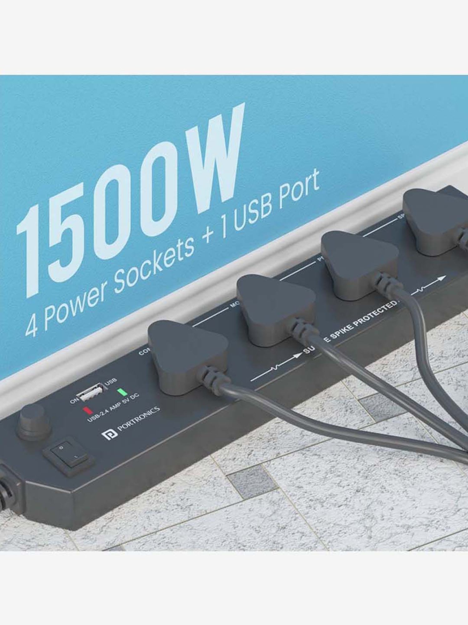 Portronics Power Plate 4 POR-1291 with 4 Power Sockets and USB Port Surge Protector (Black)