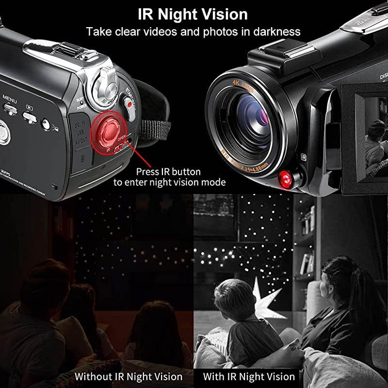 4K Camcorder Vlogging Camera for YouTube  HDR-AC3 Ultra HD Video Camera 1080P 60FPS IR Night Vision Wi-Fi Camera Recorder Digital Camcorders with Microphone Wide Angle Lens Handheld Stabilizer