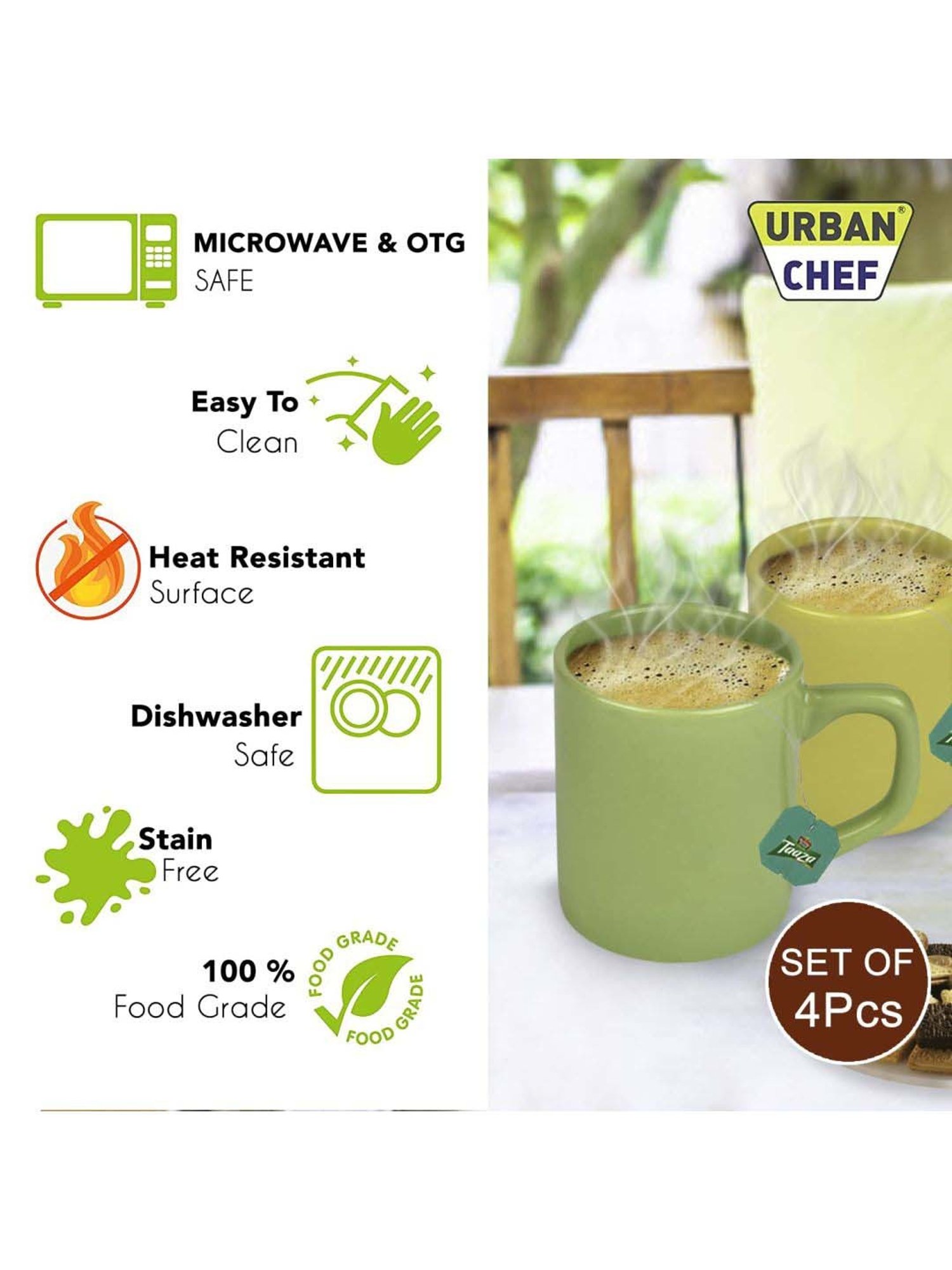 Urban Chef Parrot Green & Yellow Ceramic Droite Handcrafted Microwave Safe Cup - Set of 4