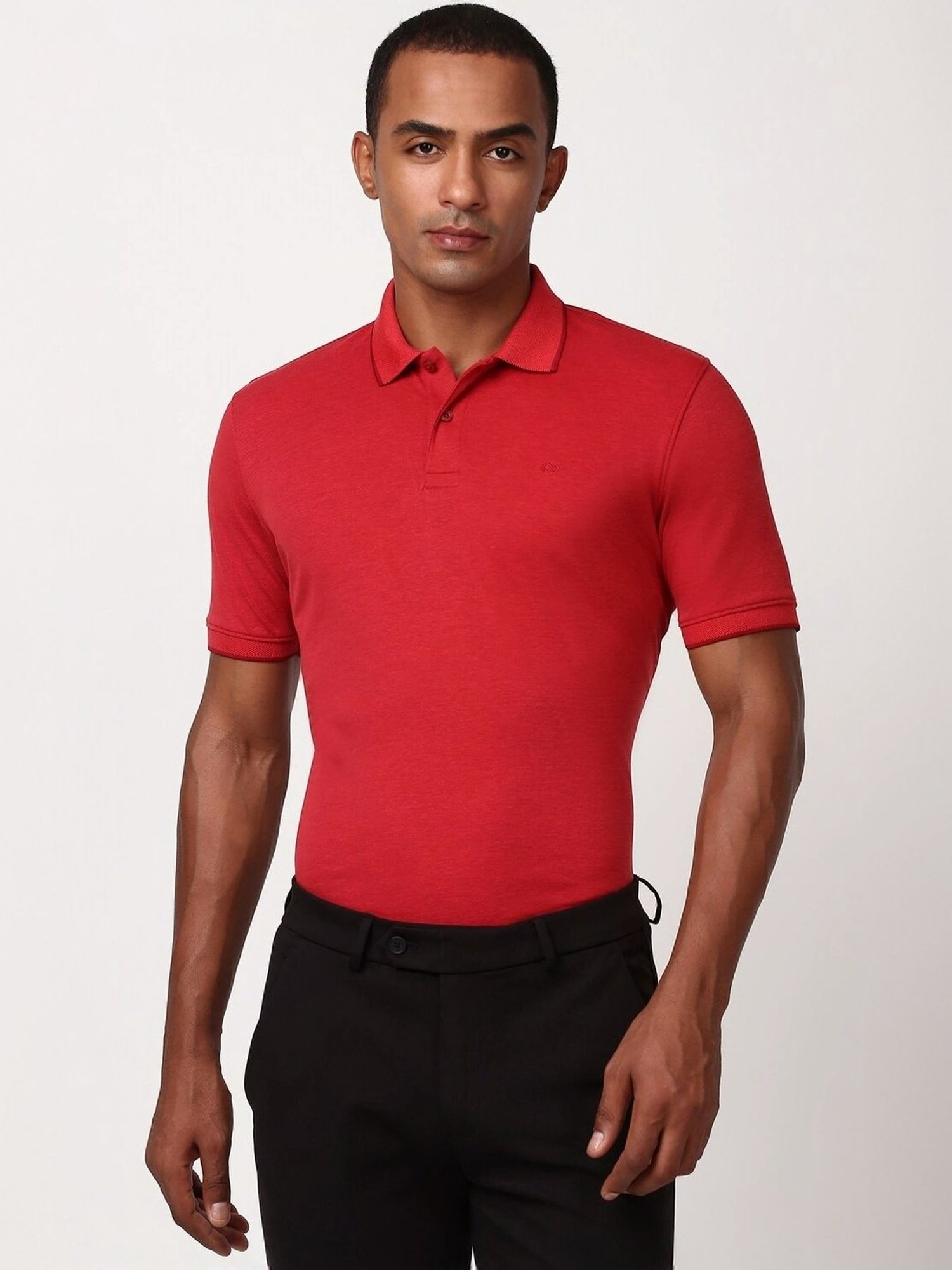 Peter England Red Cotton Regular Fit Self Pattern T-Shirt