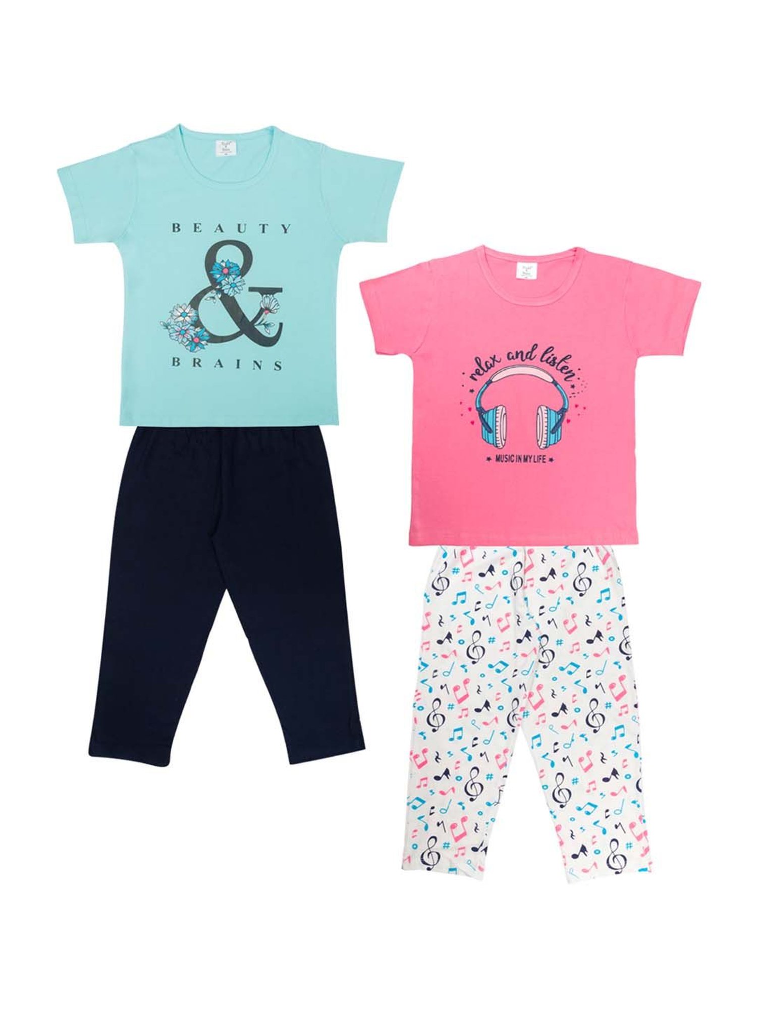 Todd N Teen Kids Blue & Pink Cotton Printed T-Shirt & Pyjamas - Pack of 2