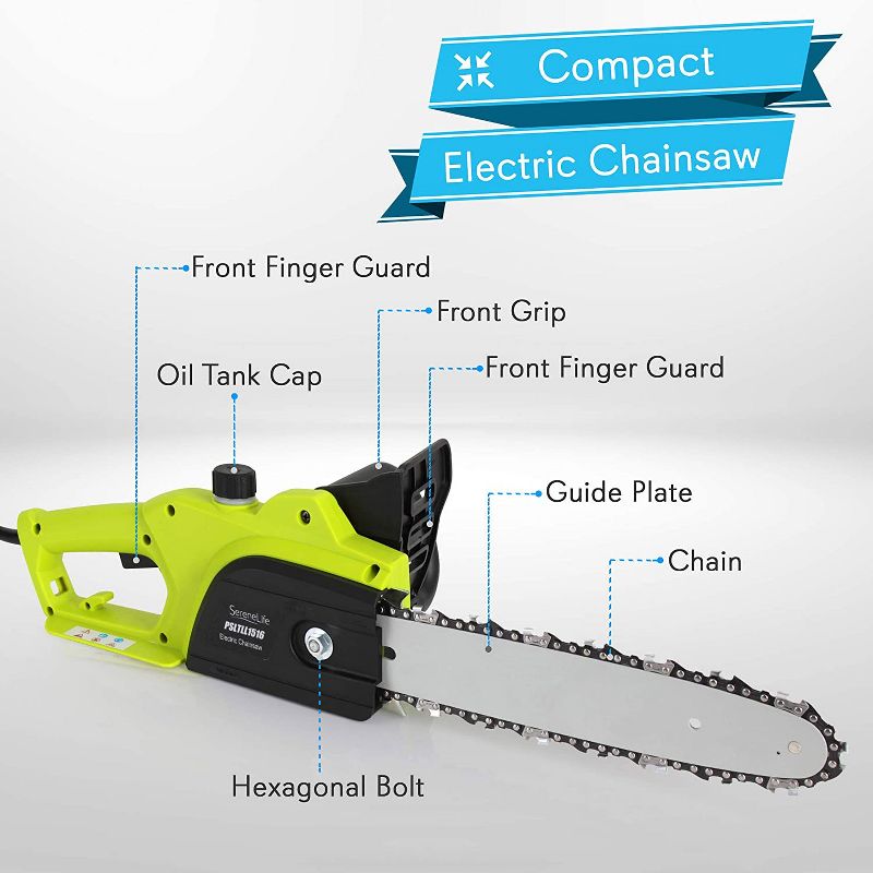 SereneLife 12 Inch 8 Amp Corded Electric Chain Saw Tree Trimmer with Tool Free Chain Tension, Safety Lock, Blade Cover, and 10 Foot Power Cord, Green