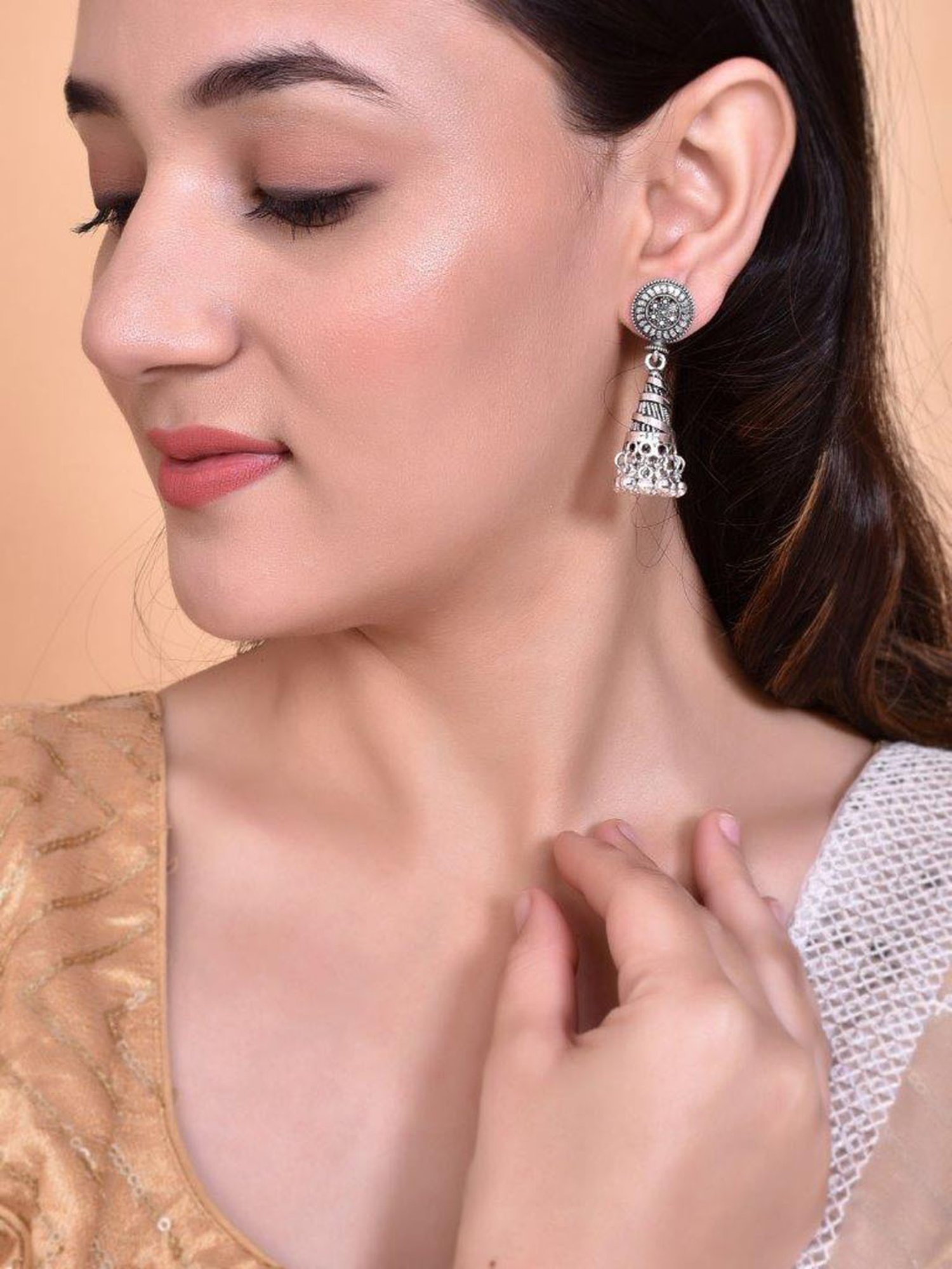 VOJ Oxidised Silver Plated Contemporary Jhumka for Women