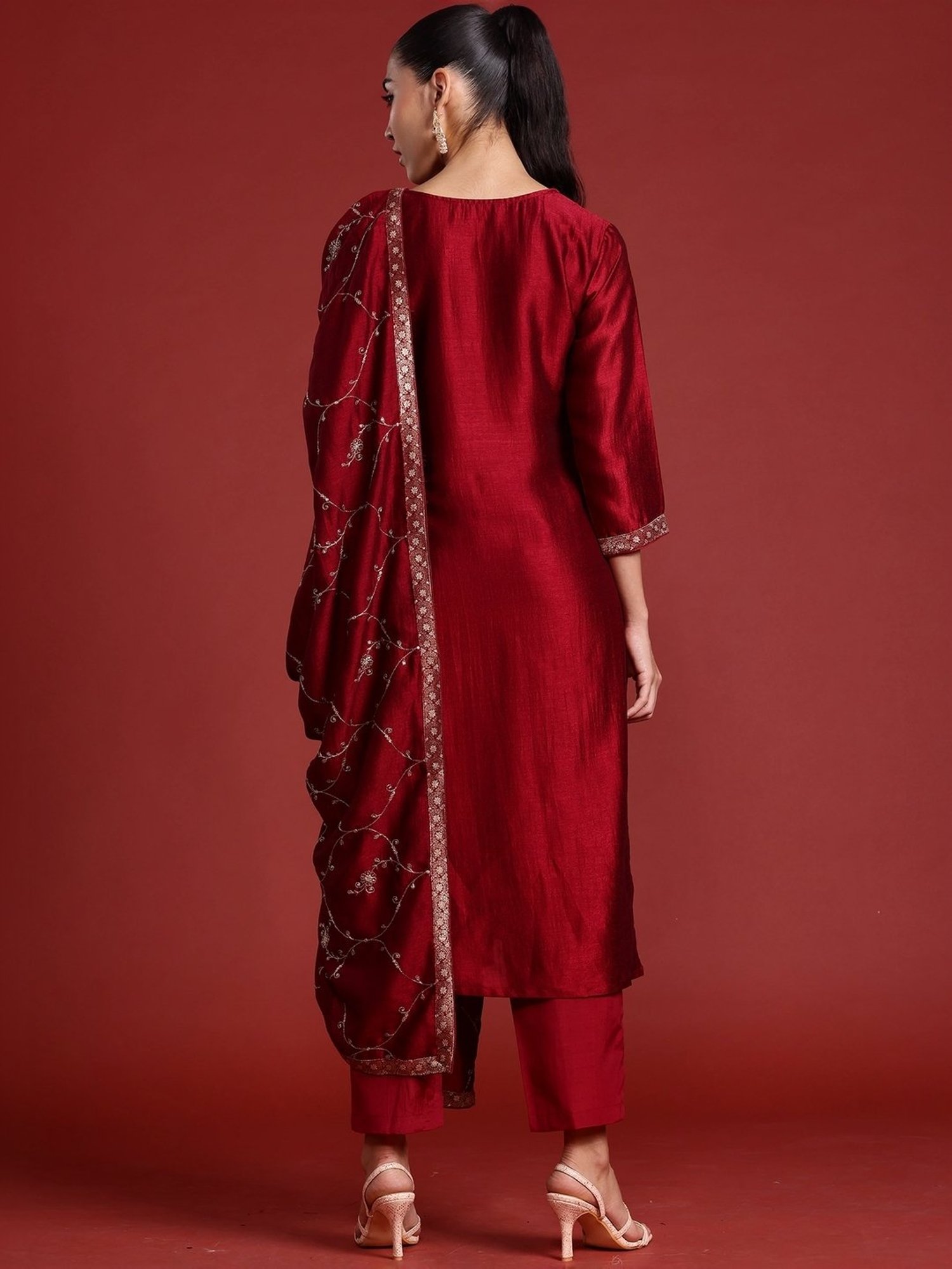 Indo Era Maroon Embroidered Kurta Pant Set With Dupatta