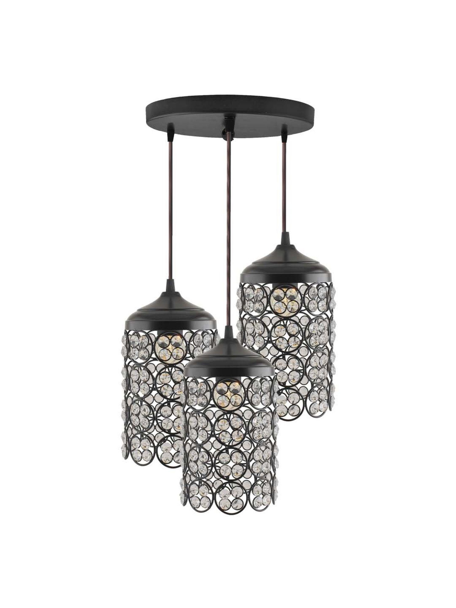 Homesake 3-Lights Round Cluster Black Metal Crystal Cylinder Pendant Light - Set of 1
