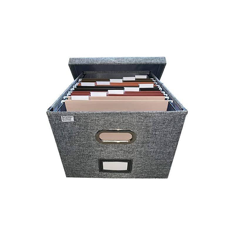 Box Organizer and 10 folders (Letter Size) - Decorative Linen Hanging Box with Lid - Letter/Legal Office Storage Box