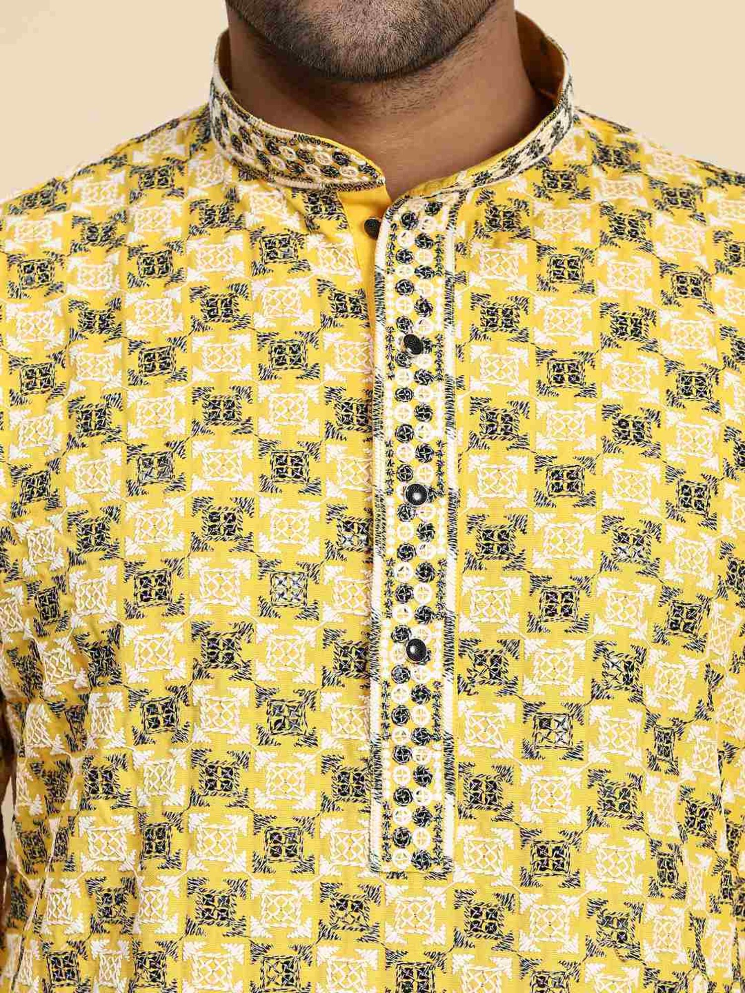 Pro-Ethic Style Developer Yellow & White Cotton Regular Fit Embellished Kurta Bottom Set