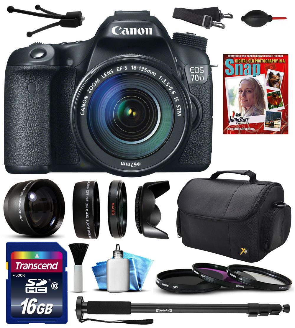 Canon EOS 70D Digital SLR Camera with EF-S 18-135mm IS STM Lens, 16GB SD Card, 72" Monopod, 2.2x Telephoto Lens, Air Cleaner Blower, Carrying Case, 10pcs Cleaning Kit and Accessory Bundle
