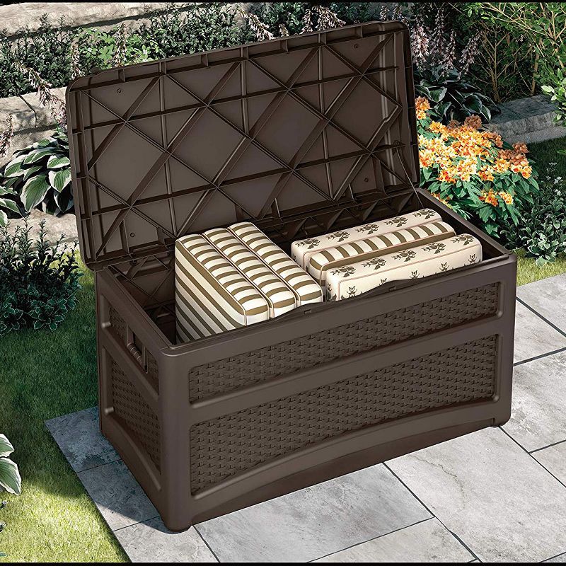 73 Gallon Deck Box With Seat with Suncast Resin Wicker Trash Hideaway