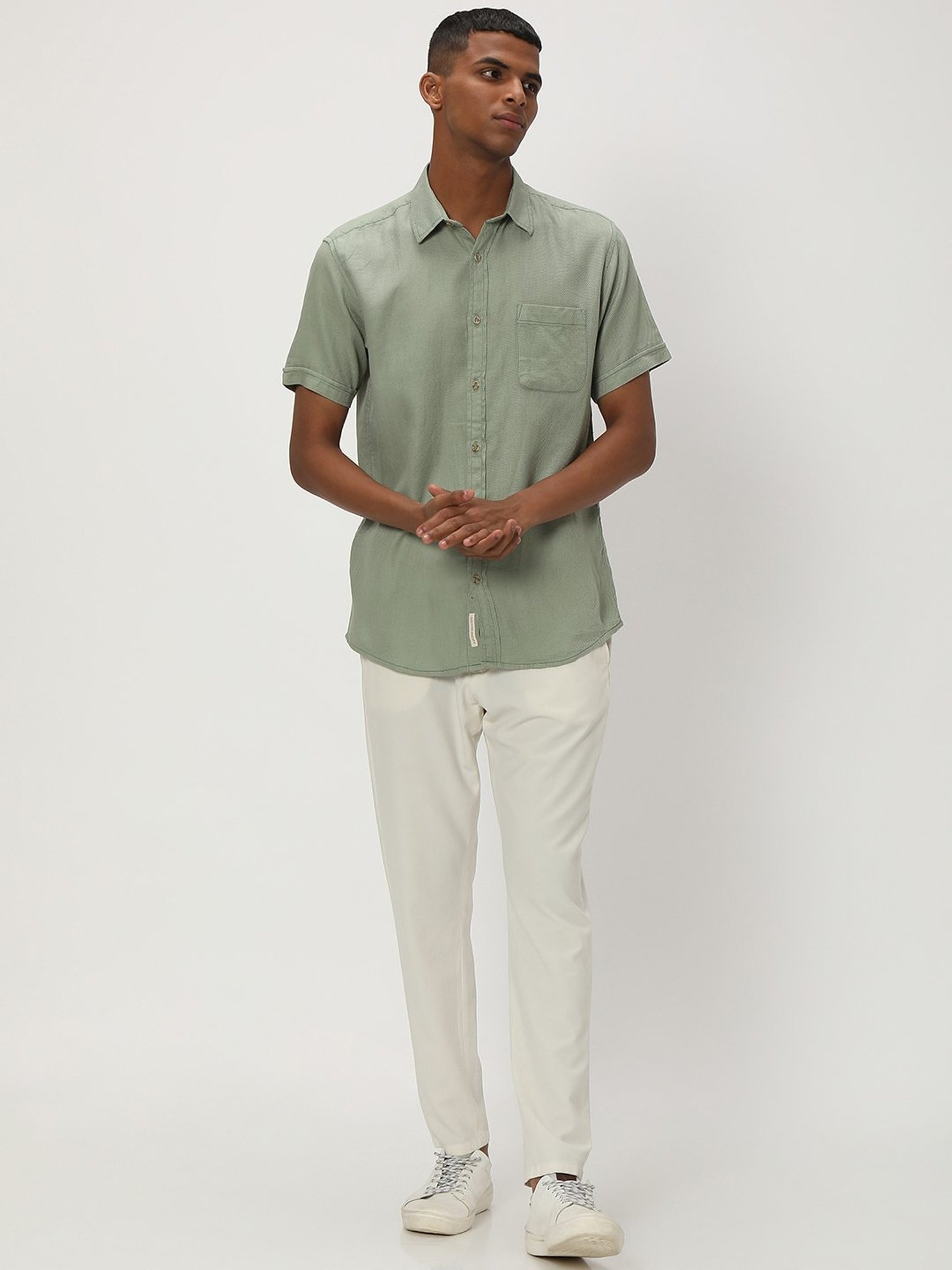 Mufti Light Olive Slim Fit Textured Cotton Linen Shirt