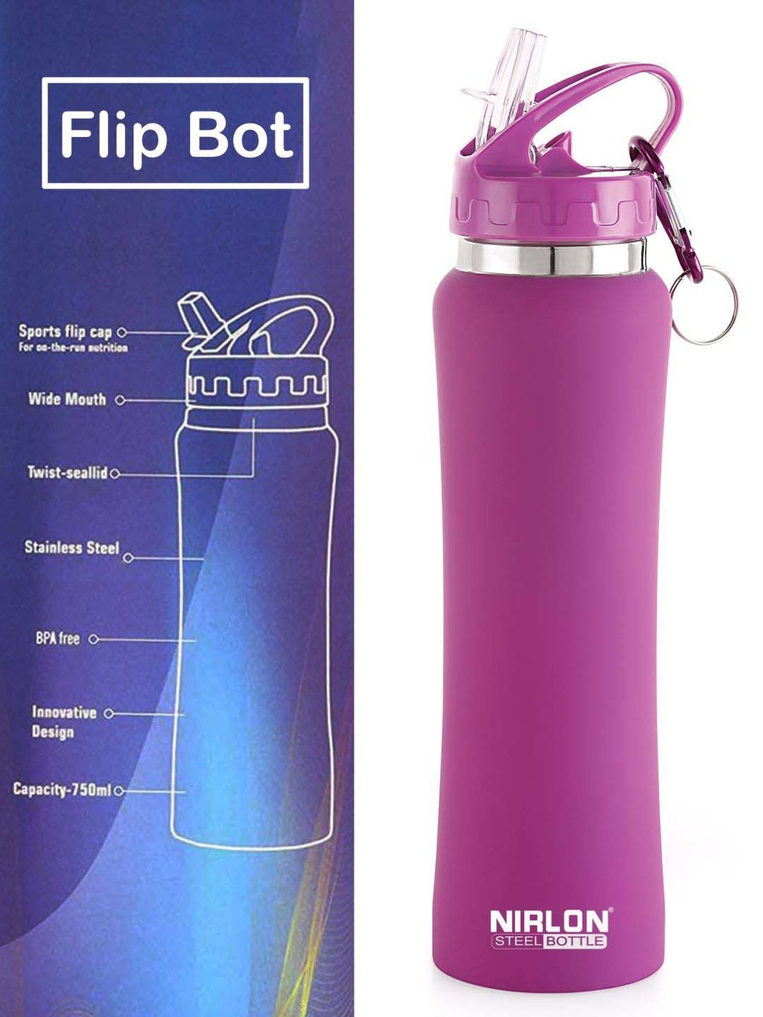 Nirlon Flip Bot Green & Purple Stainless Steel Water Bottle (0.75 L) - Set of 2