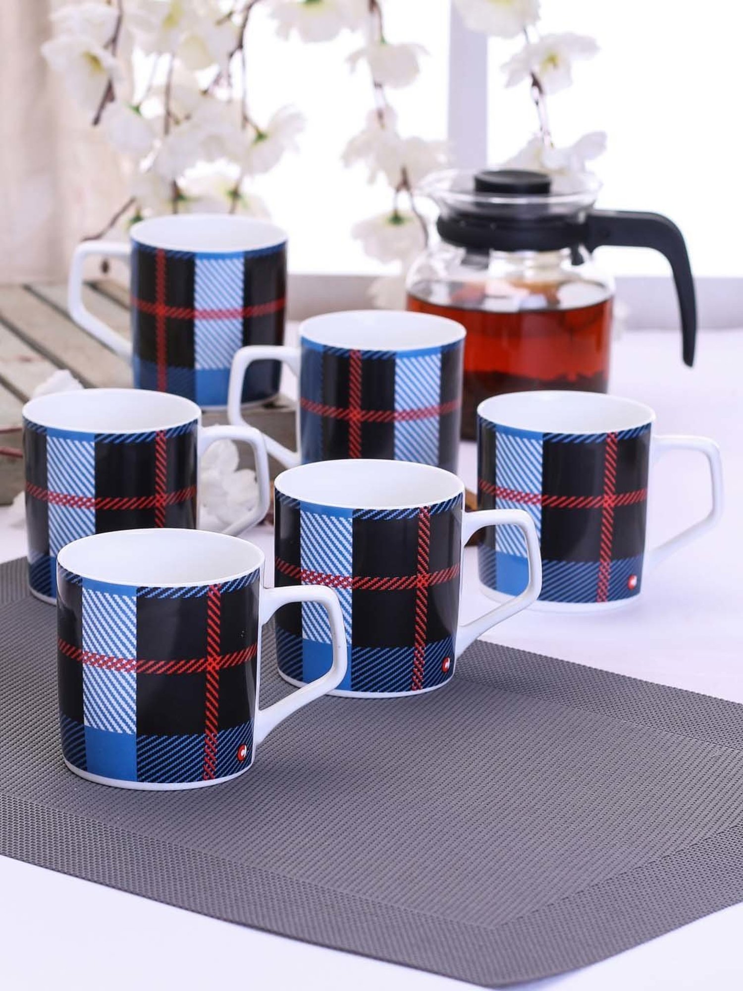 Clay Craft Black & Blue Fine Ceramic Coffee & Tea Mugs (170 ml) - Set of 6