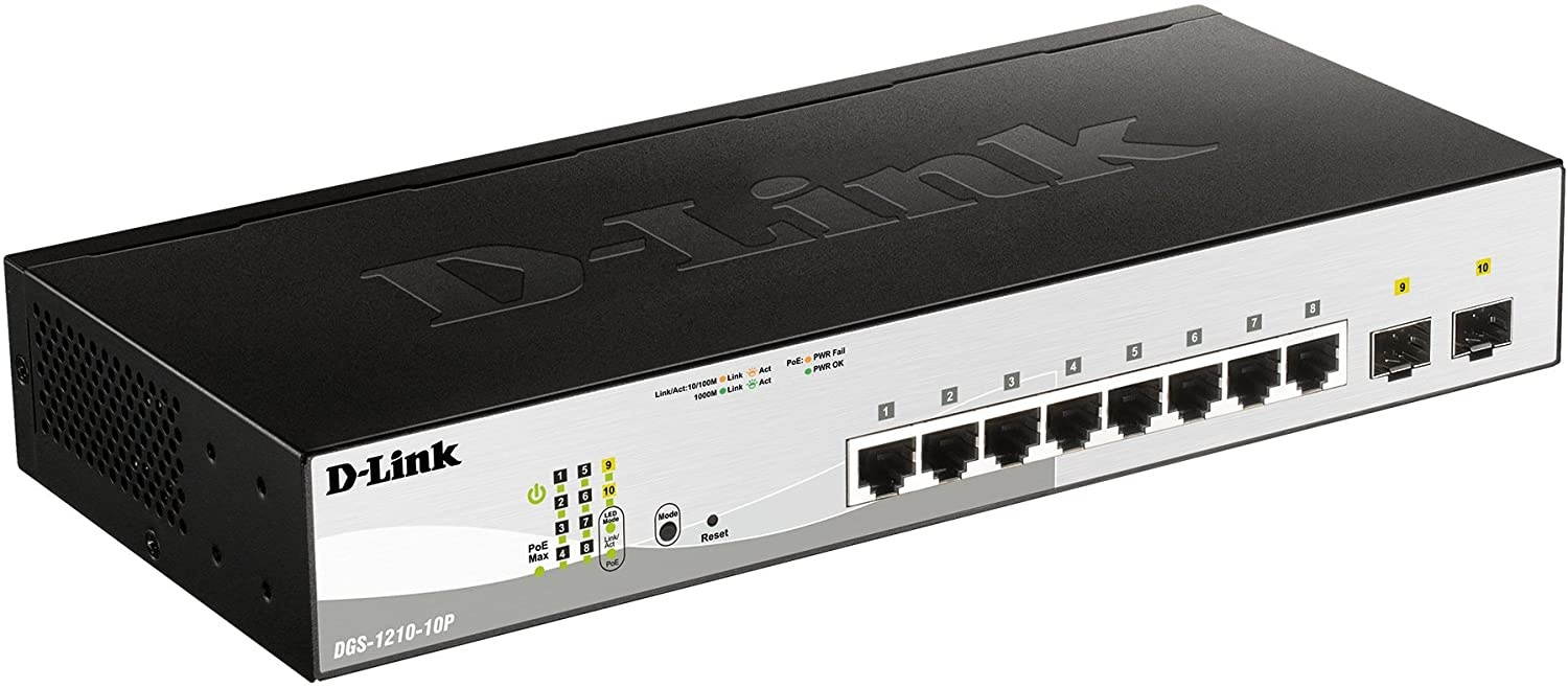 D-Link PoE+ Switch, 8 10 Port Smart Managed Layer 2+ Gigabit Ethernet with 2 Gigabit SFP Ports and 65W PoE Budget (DGS-1210-10P)