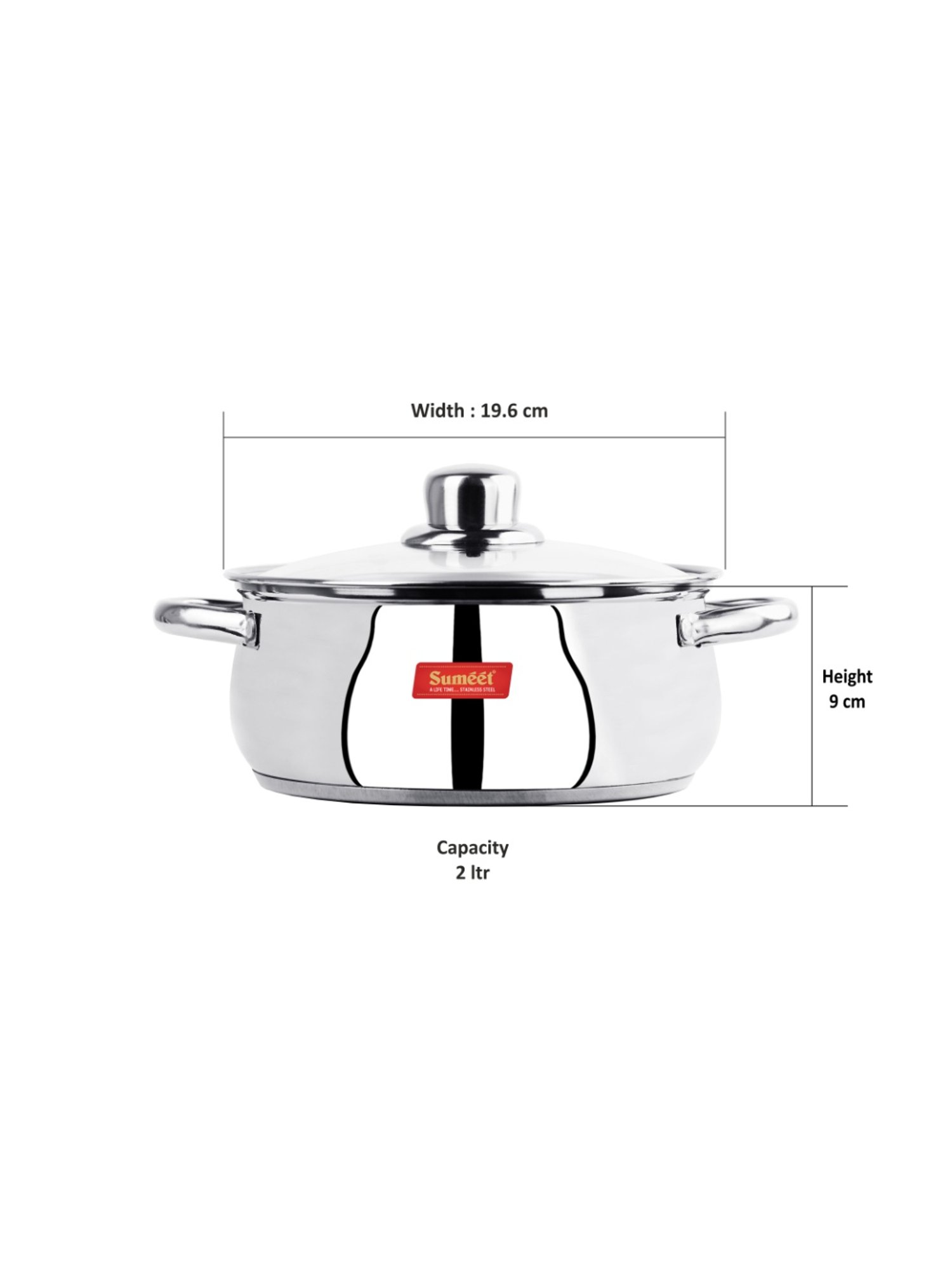 Sumeet Stainless Steel Induction Bottom Cook & Serve Casserole No.11(2Ltr) with Glass Lid-19.5cm Dia
