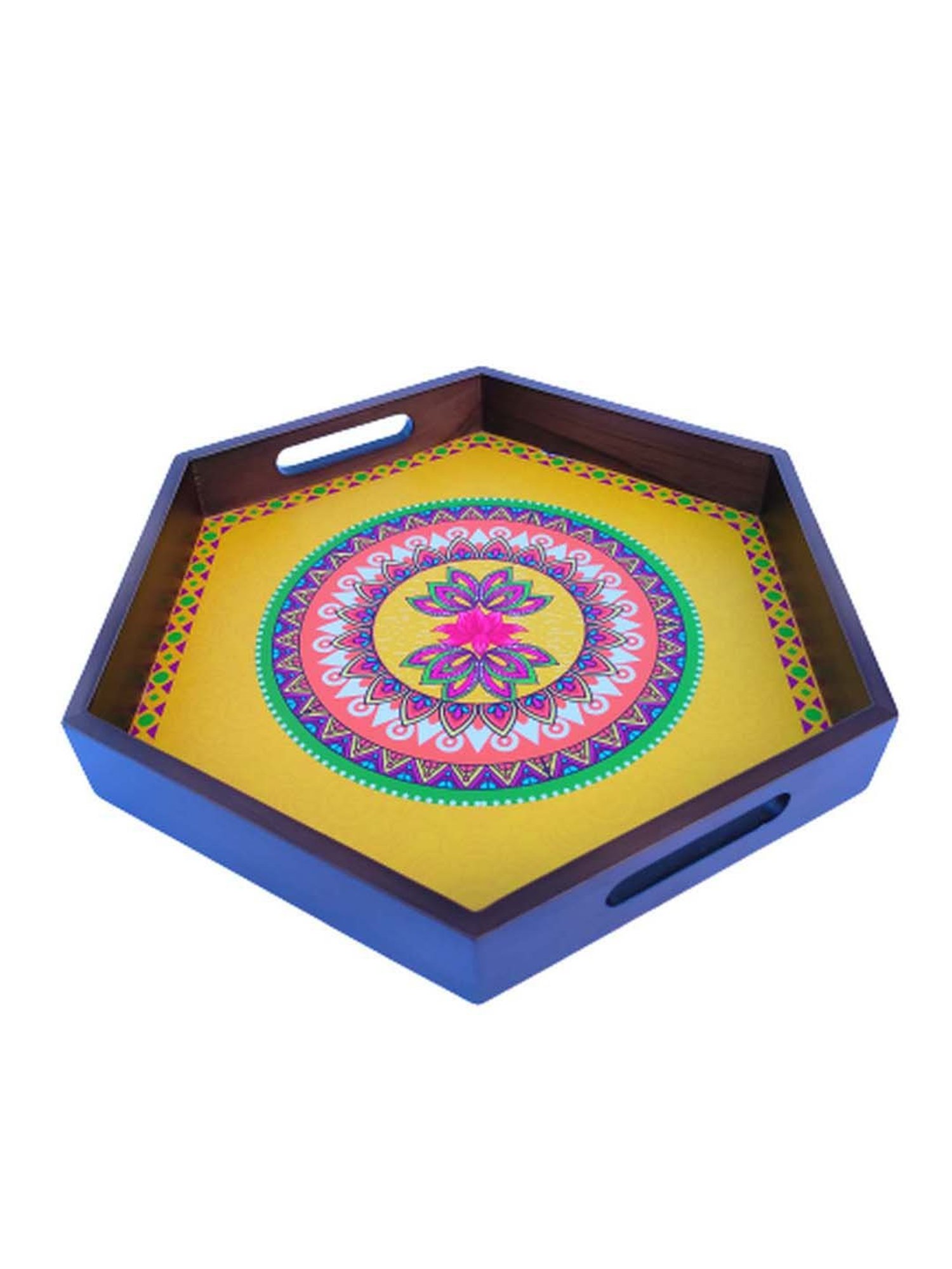 Crayton Multicolour Teak Wood Hexagon Serving Tray - Set of 1
