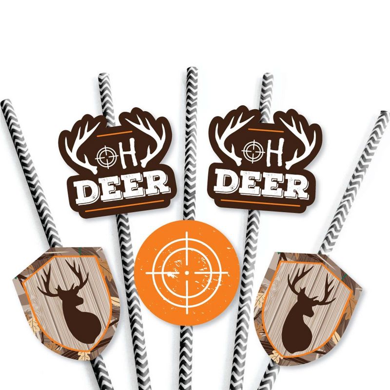 Big Dot of Happiness Gone Hunting - Paper Straw Decor - Deer Hunting Camo Baby Shower or Birthday Party Striped Decorative Straws - Set of 24