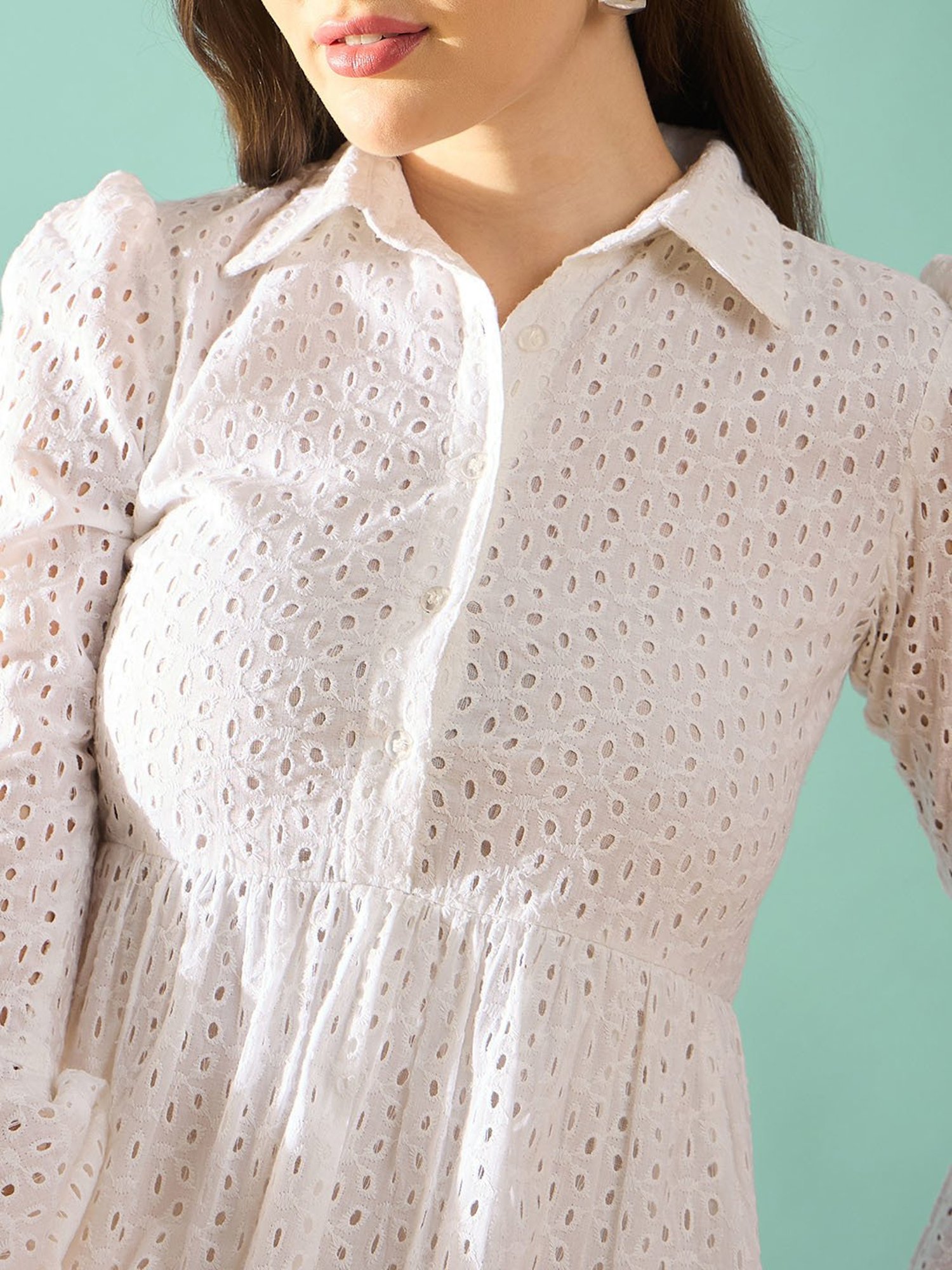 PANIT White Cotton Embroidered Ethnic Dress