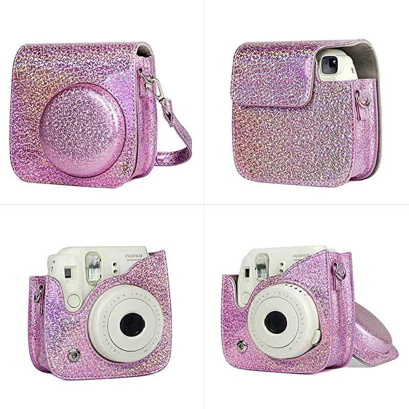 for Fujifilm Instax Mini 9 8 Instant Camera Accessories Kit Bundle + Custom Case with Strap + Assorted Frames + Photo Album + 60 Colorful Sticker Frames + More(Glitter Pink