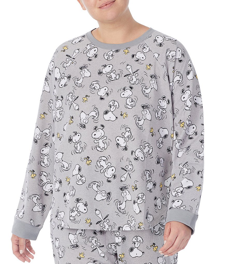 Peanuts Plus Snoopy & Woodstock Printed French Terry Crew Neck Long Sleeve Sleep Top
