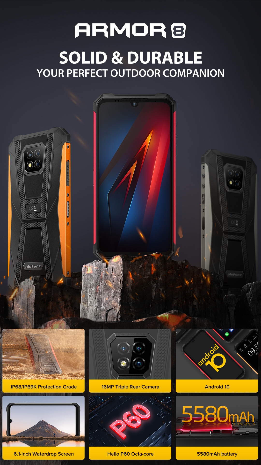 Ulefone Armor 8 Rugged Phones Unlocked, Helio P60 Octa-core 4GB + 64GB Android Phone Unlocked, 16MP Triple Rear Camera + 8MP Front Camera, 6.1" HD+ 5580mAh Battery Global 4G Unlocked Smartphone