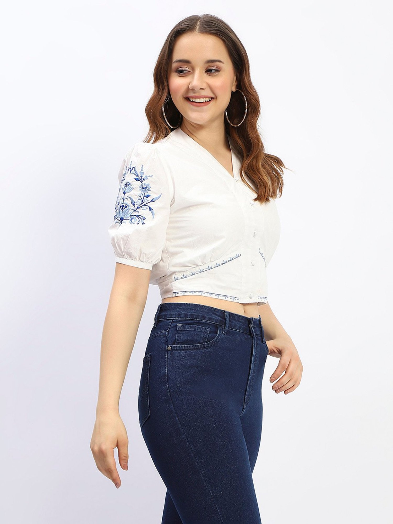 MADAME Off White Cotton Embroidered Crop Top