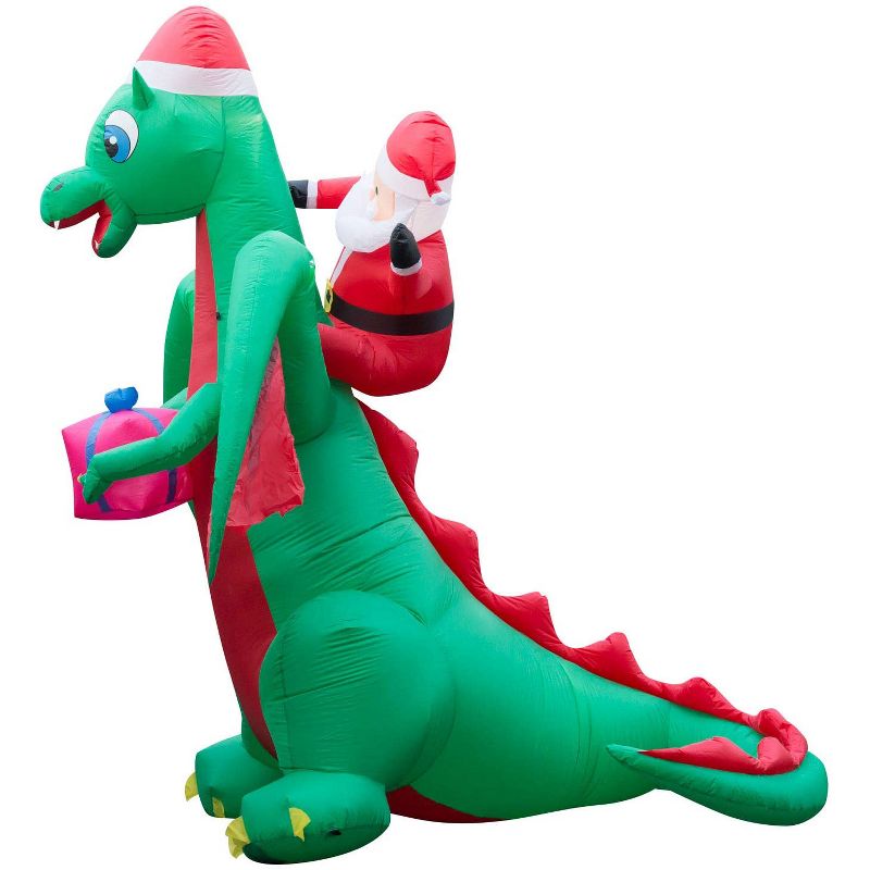 Holidayana 9 Foot Tall Giant Inflatable Santa Claus Riding Dragon Holiday Yard Decoration with Blower Fan, Tie Down Straps, and Ground Anchor Stakes