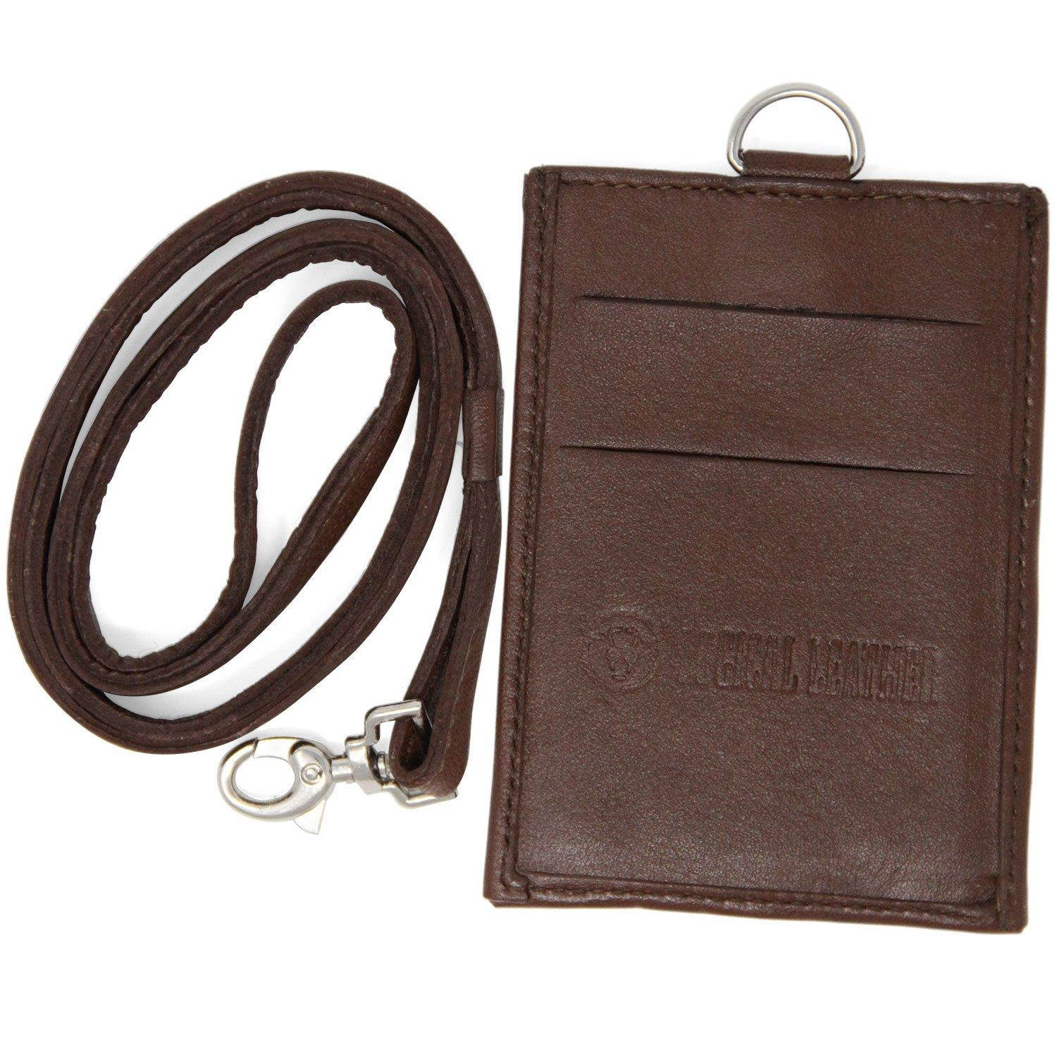 Logical Leather ID Lanyard with Detachable Vertical Badge Holder - Genuine Leather Lanyards for Women & Men (Brown)