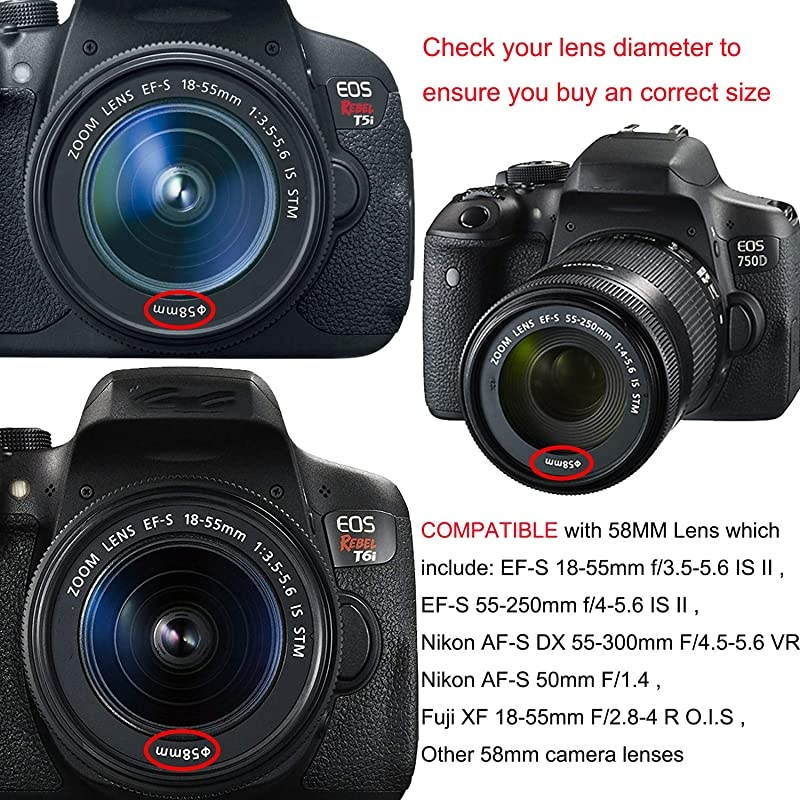 58mm Lens Hood Set Collapsible Rubber Lens Hood with Filter Thread + Reversible Tulip Flower Lens Hood + Center Pinch Lens Cap + Microfiber Lens Cleaning Cloth