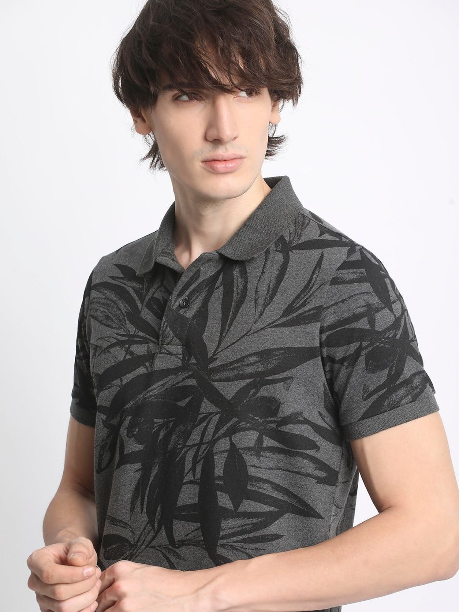 The Bear House Grey Cotton Regular Fit Printed Polo T-Shirt