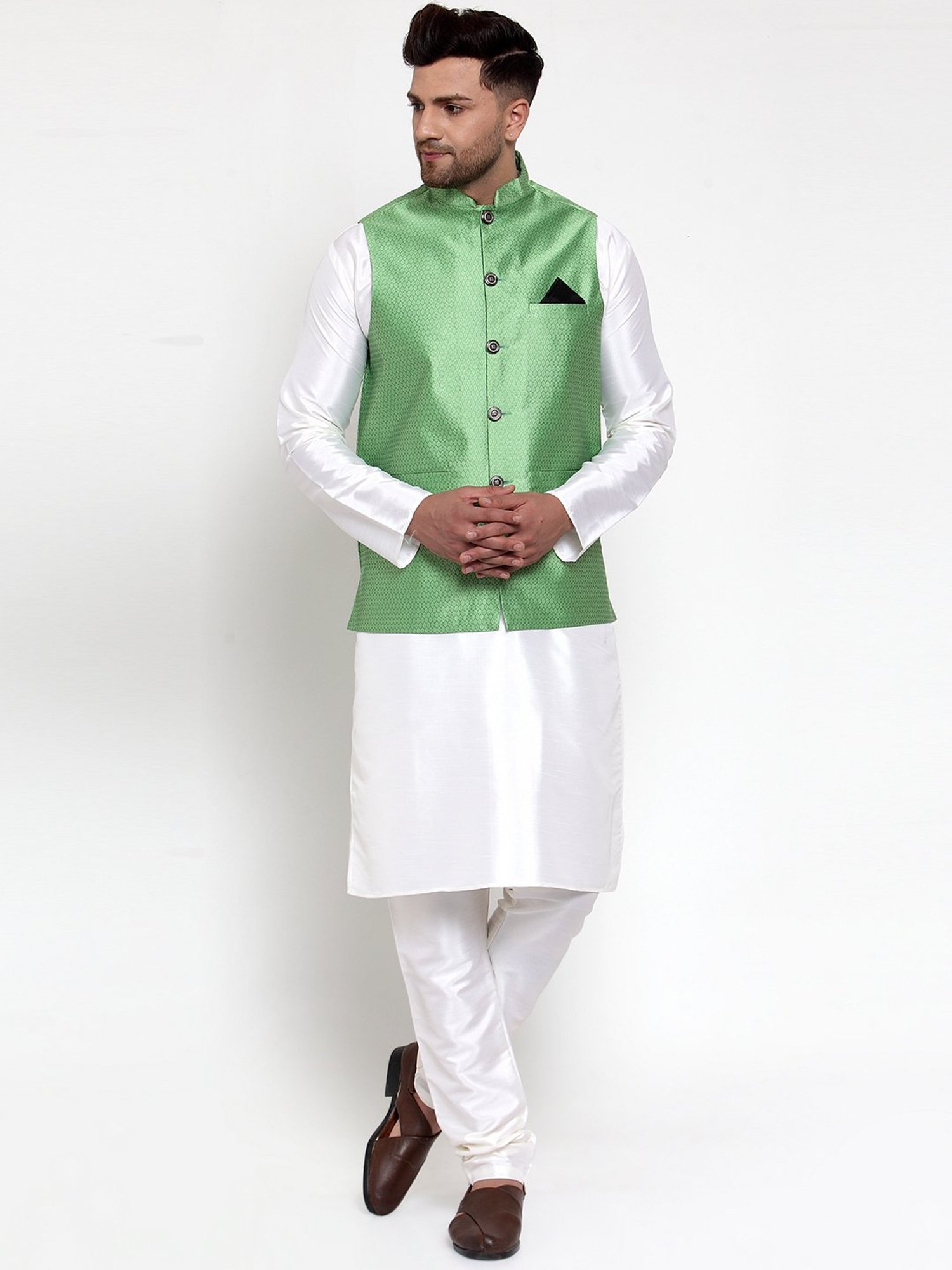 Jompers Green Regular Fit Self Design Nehru Jacket