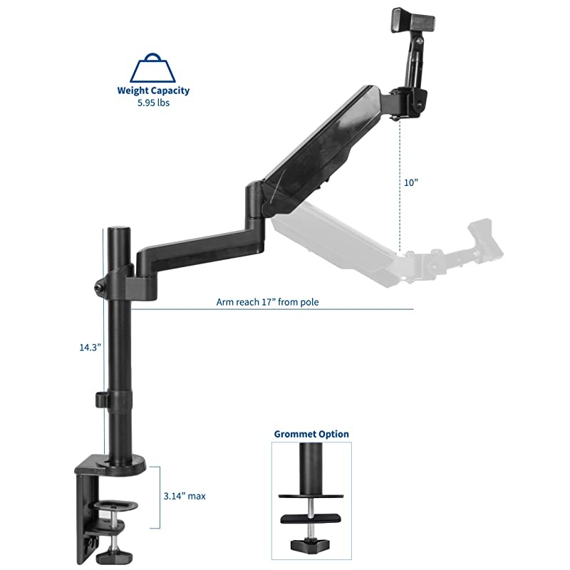 Black Height Adjustable Pneumatic Spring Microphone Counterbalance Arm Mount, Compact Mic Stand with Mounting Clamp STAND-MIC01