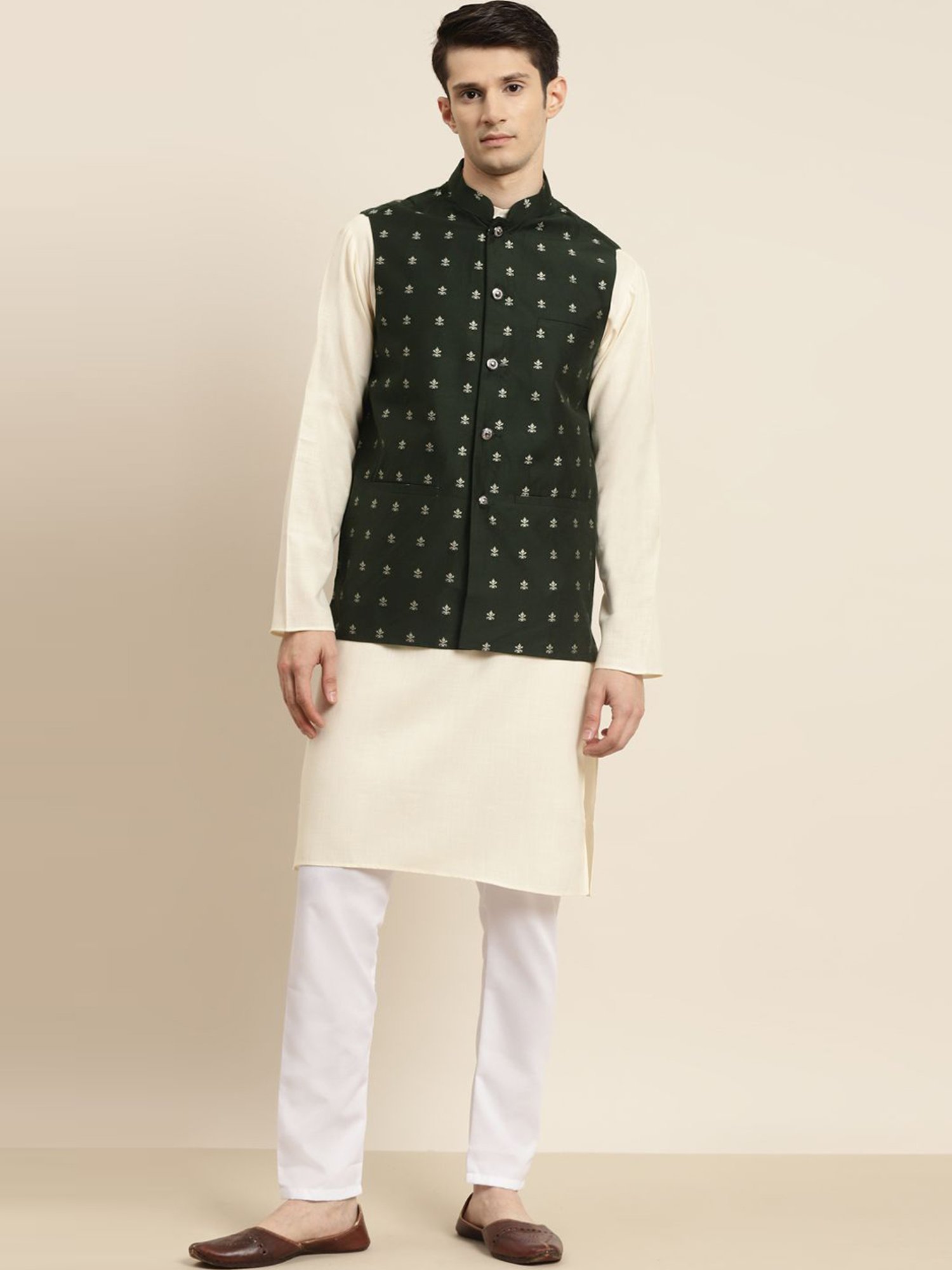 Sojanya Beige & Green Regular Fit Printed Kurta Set With Jacket