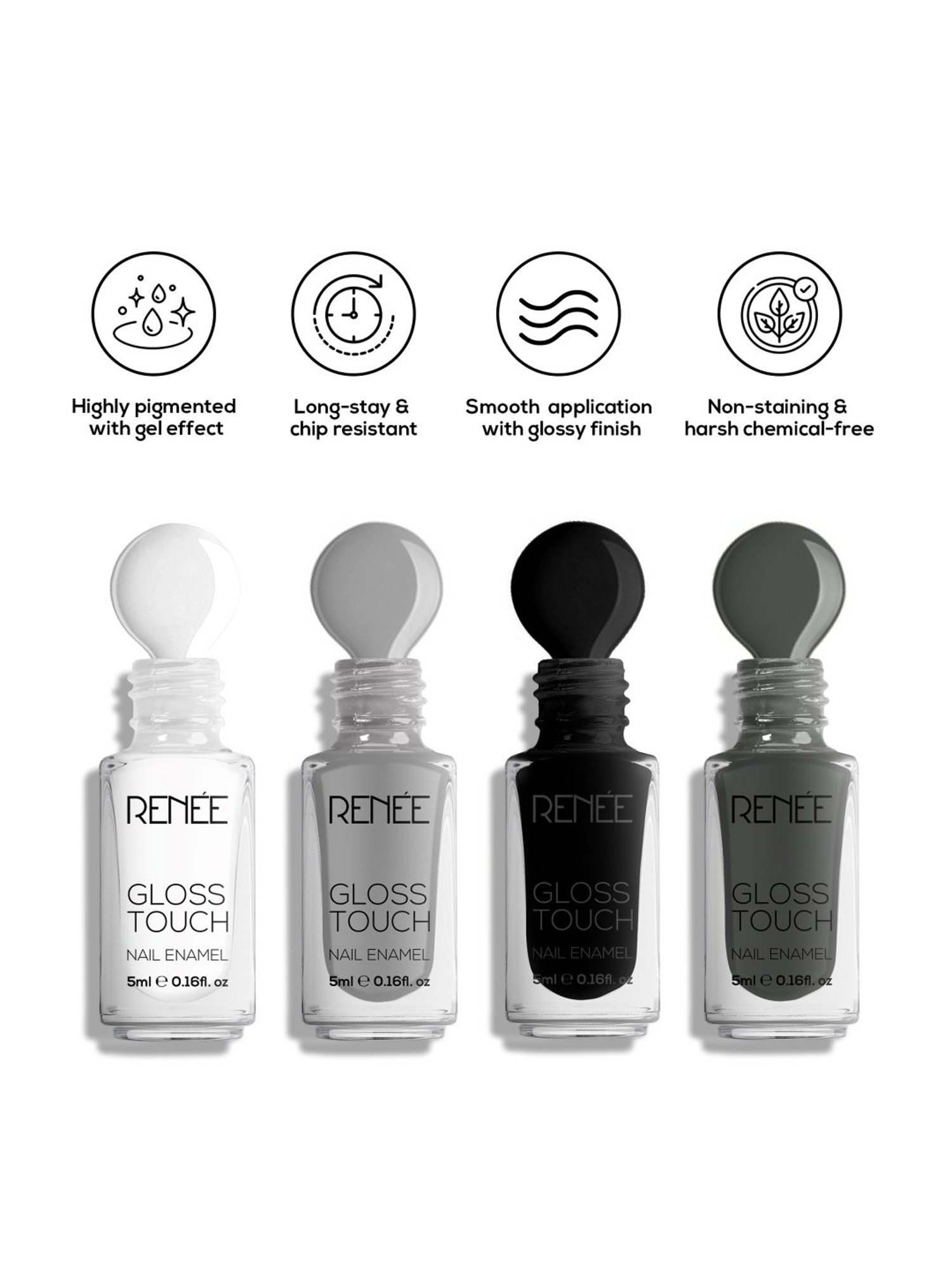 RENEE Gloss Touch N01 Classic Monochrome Nail Enamel - Pack of 4