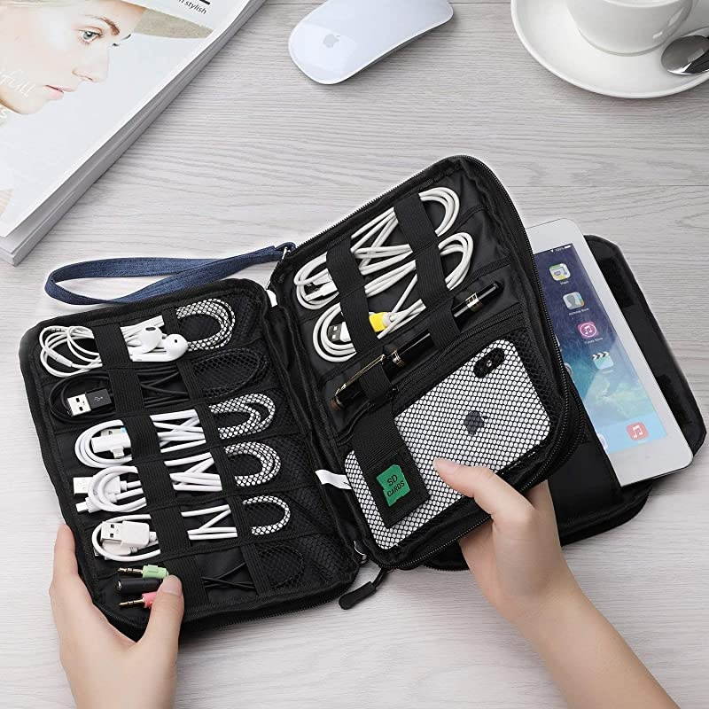 Electronic Organizer, Double Layer Travel Gadget Bag for USB Cable, SD Card, Hard Drive, Power Bank, iPad Mini, etc. with Free Bonus(1 SIM Card Adapter & 1 Velcro Roll) by