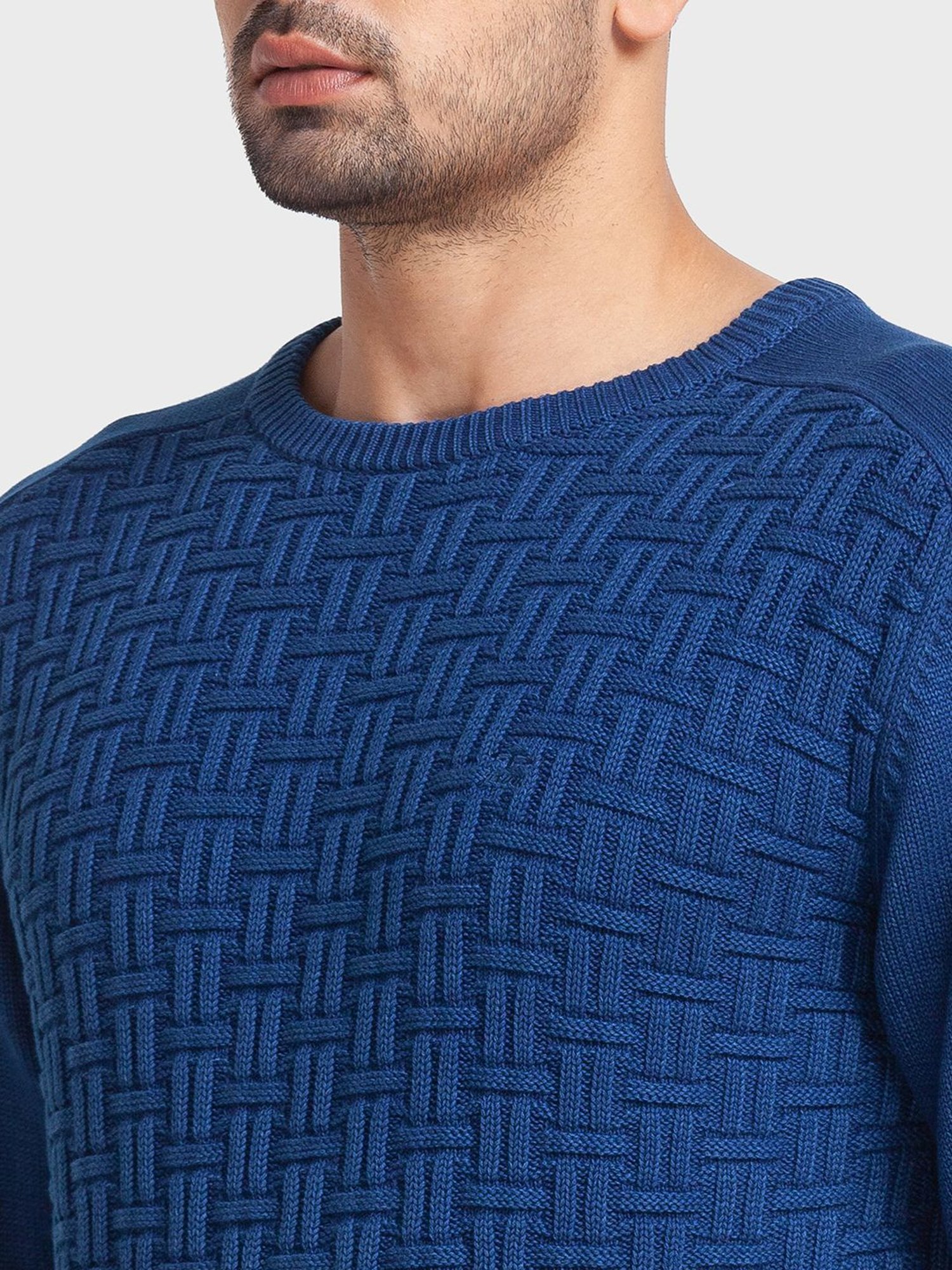 ColorPlus Blue Cotton Tailored Fit Self Pattern Sweaters