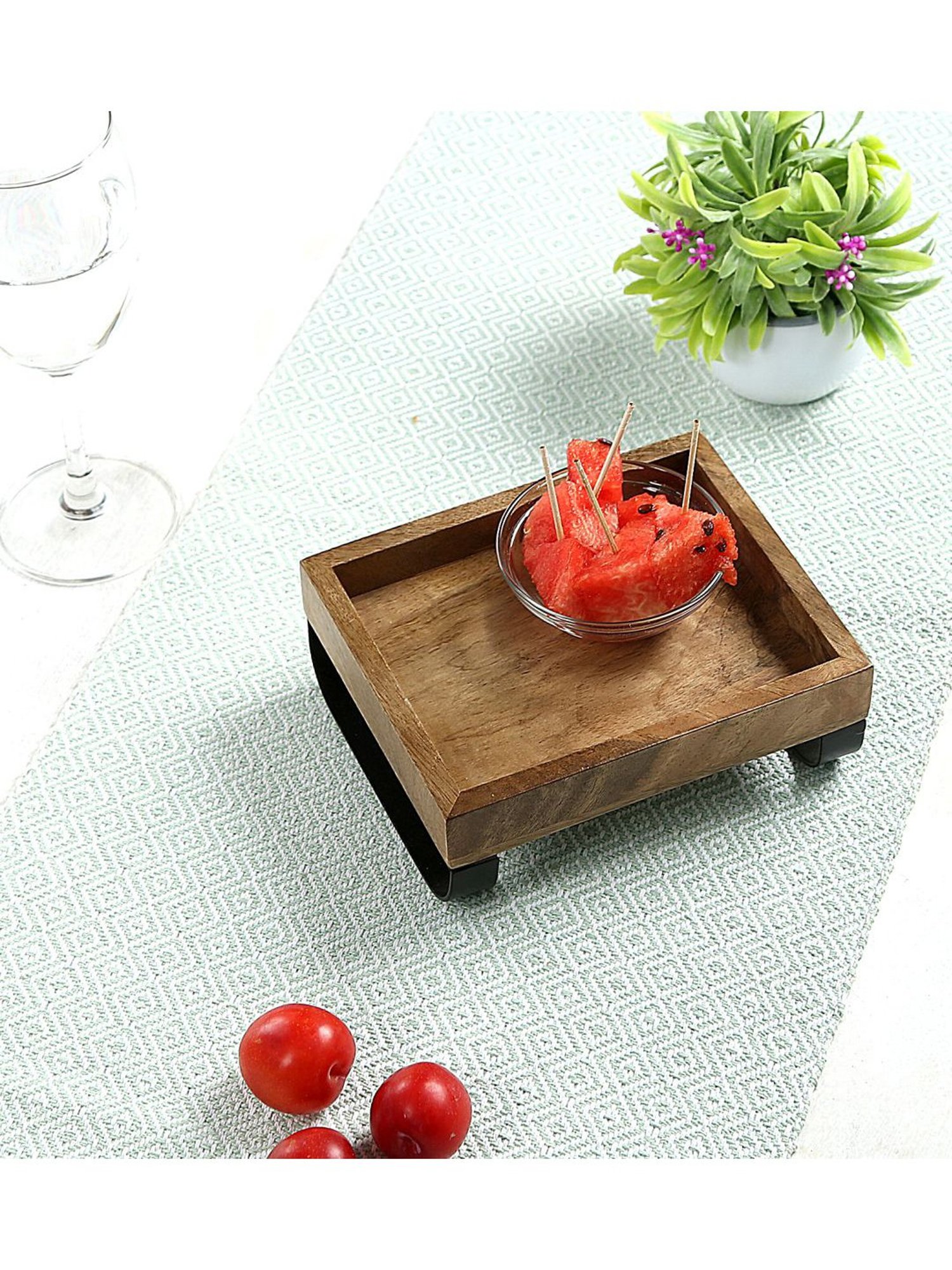 Crayton Mango Wood Serving Tray with Bottom Metal Handle - Set of 1