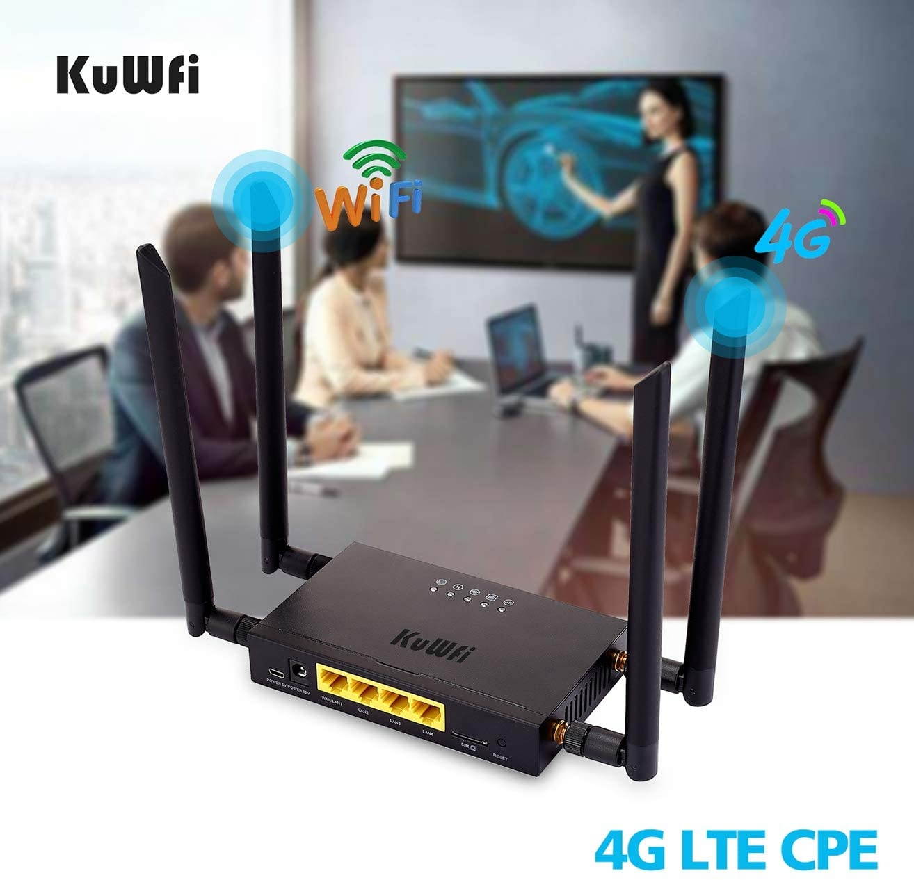 KuWFi 4G LTE Car WiFi Wireless Internet Router 300Mbps Cat 4 High Speed Industry CPE with SIM Card Slot and 4pcs External Antennas for USA/CA/Mexico Not for Verizon sim Card