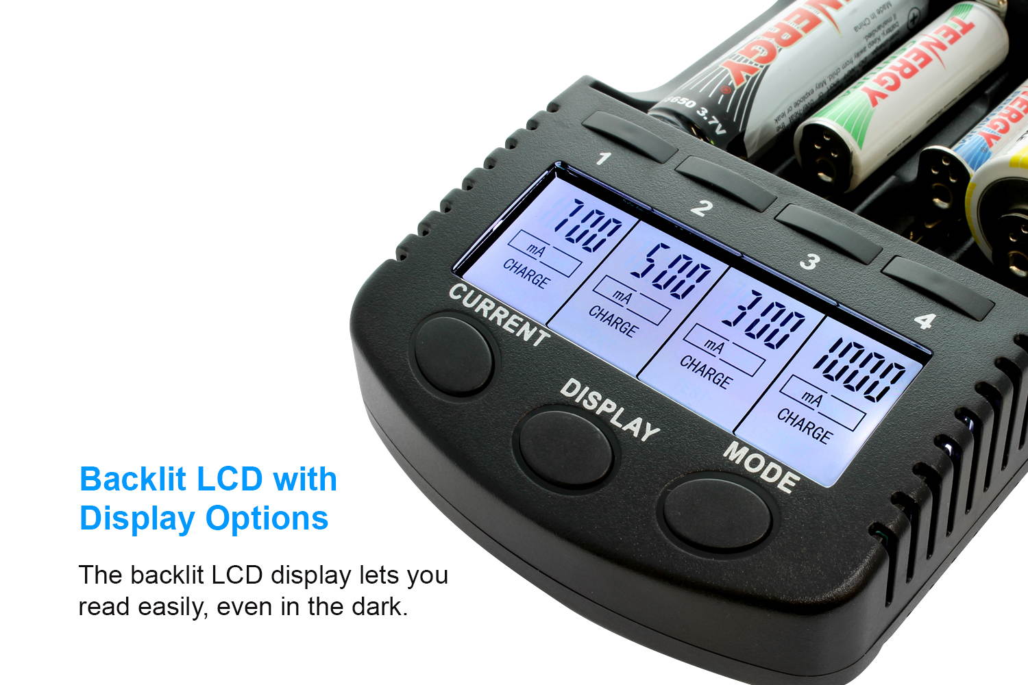 Tenergy TN456 Intelligent Universal Digital Battery Charger for Li-ion NiMH NiCd Rechargeable Batteries - 4 Slots, LCD Screen, USB Output Plug