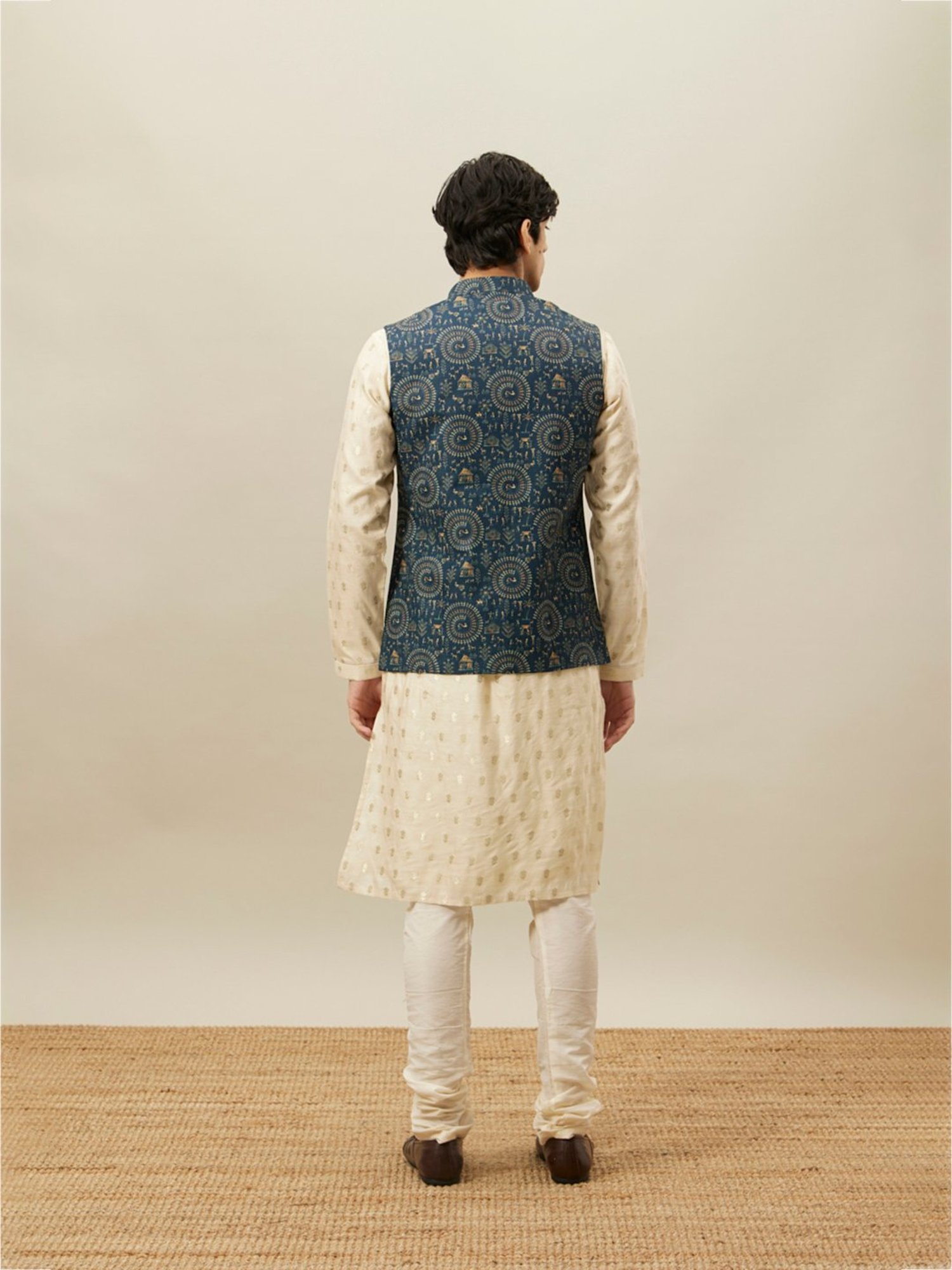 Manyavar Blue Regular Fit Printed Nehru Jacket