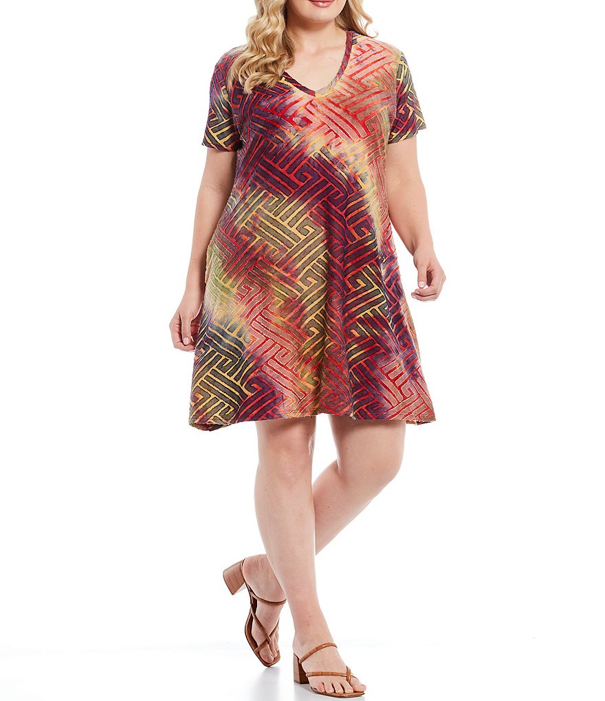 Calessa Plus Size Tie Dye Geo Burnout Knit V-Neck Short Sleeve Dress