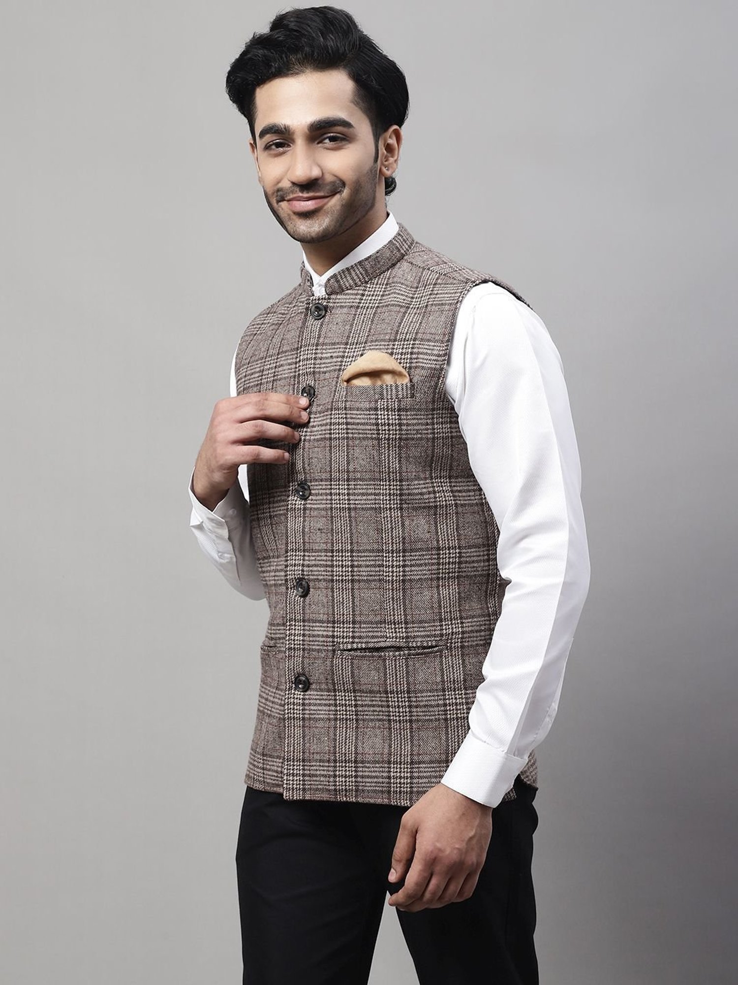Even Beige Regular Fit Checks Nehru Jacket