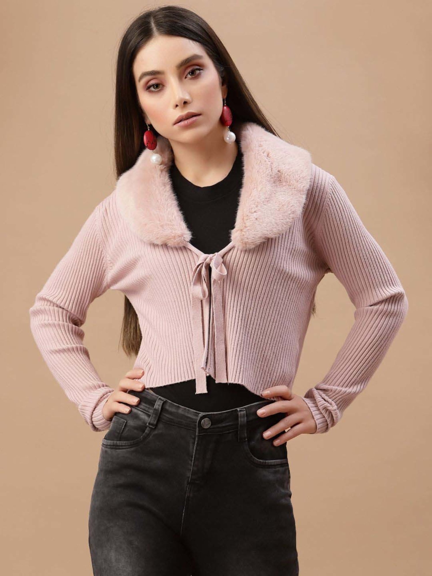 Mafadeny Peach Plain Cropped Cardigan