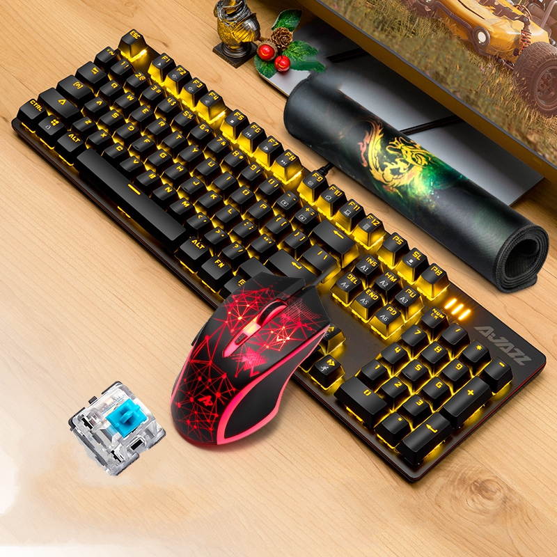 Ajazz AJ119  26 Anti-ghosting Keys, Ergonomic Design, Cool Exterior USB Wired Black Mechanical Green Color Backlit LED Keyboard And 2400DPI  Mouse Combo For Office And Game-Black