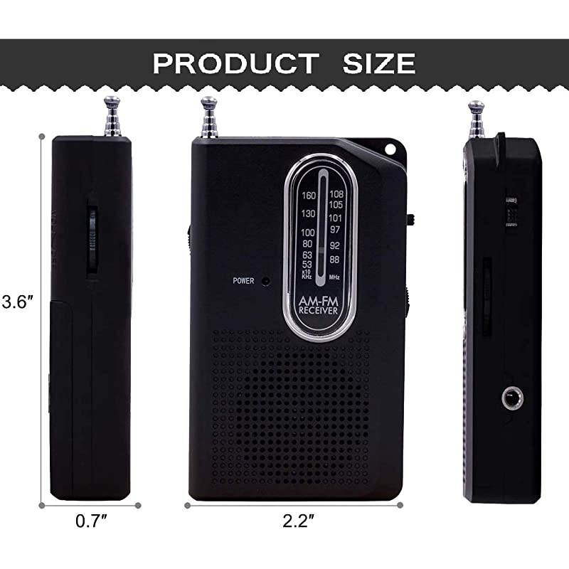 FM Portable Pocket Radio, Battery Operated Compact Transistor Radios with Great Reception, Built-in Speaker, Come with Headphone (Black)