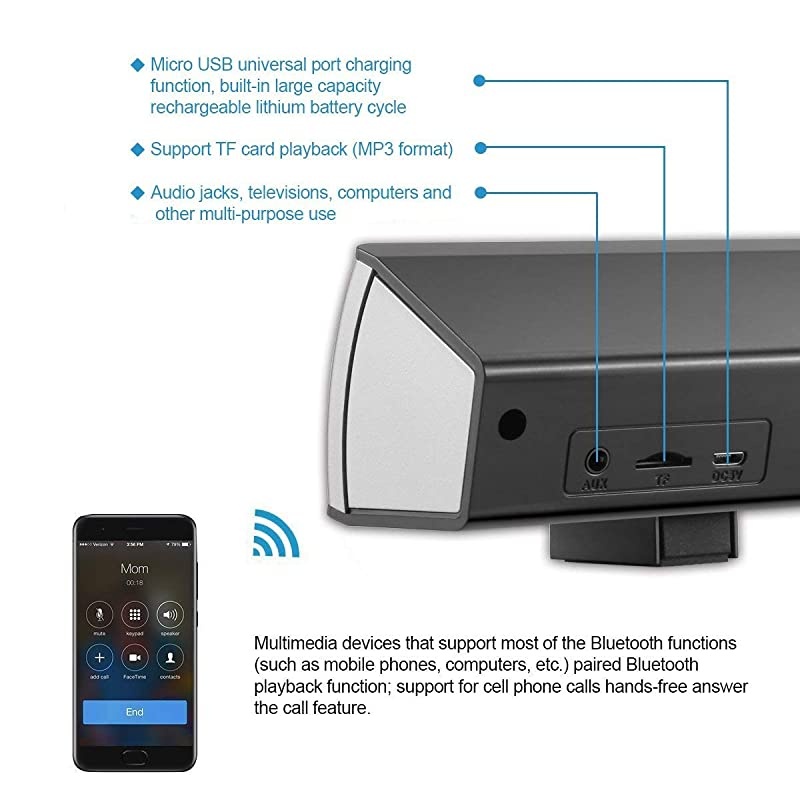 Sound BarWired and Wireless Home Theater TV Stereo Speaker 20 Channel 2 X 5W Portable Sound Bars for TVCellphoneTablet