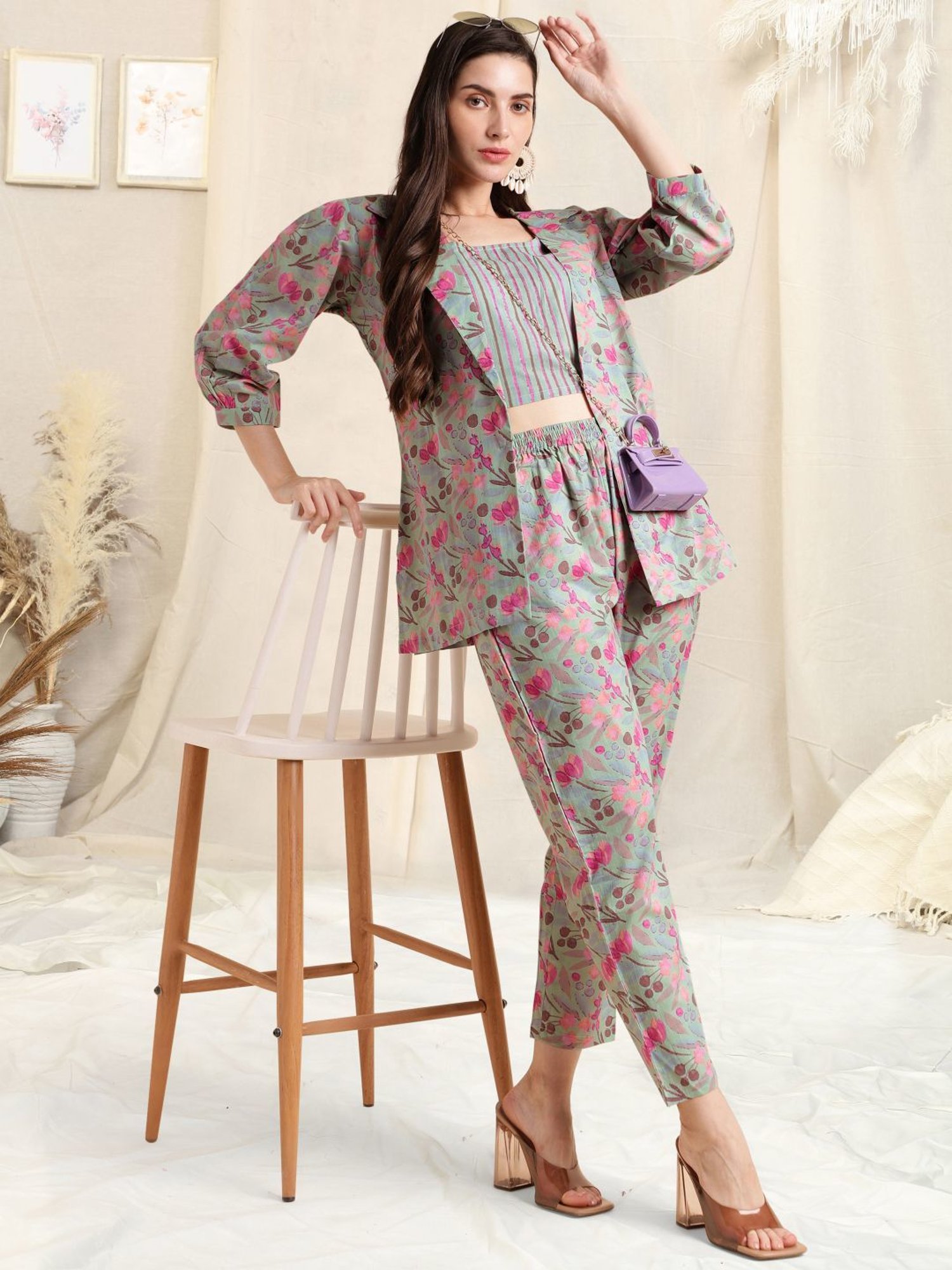 MIRCHI FASHION Sea Green Cotton Printed Top Pant Set With Jacket