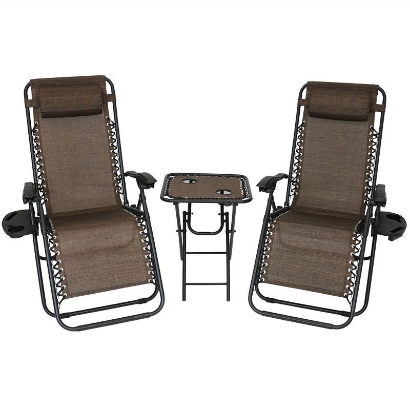 Sunnydaze Zero Gravity Reclining Lounge Chairs with Pillows and Cup Holders and Matching Table with Built-In Cup Holders - Dark Brown - 3-Piece Set